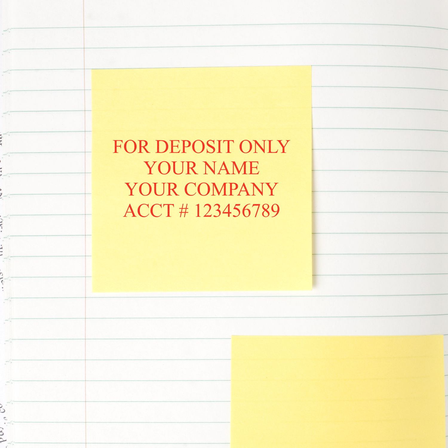 Yellow sticky note with red for deposit only bank endorsement text on lined paper, office business accounting template.