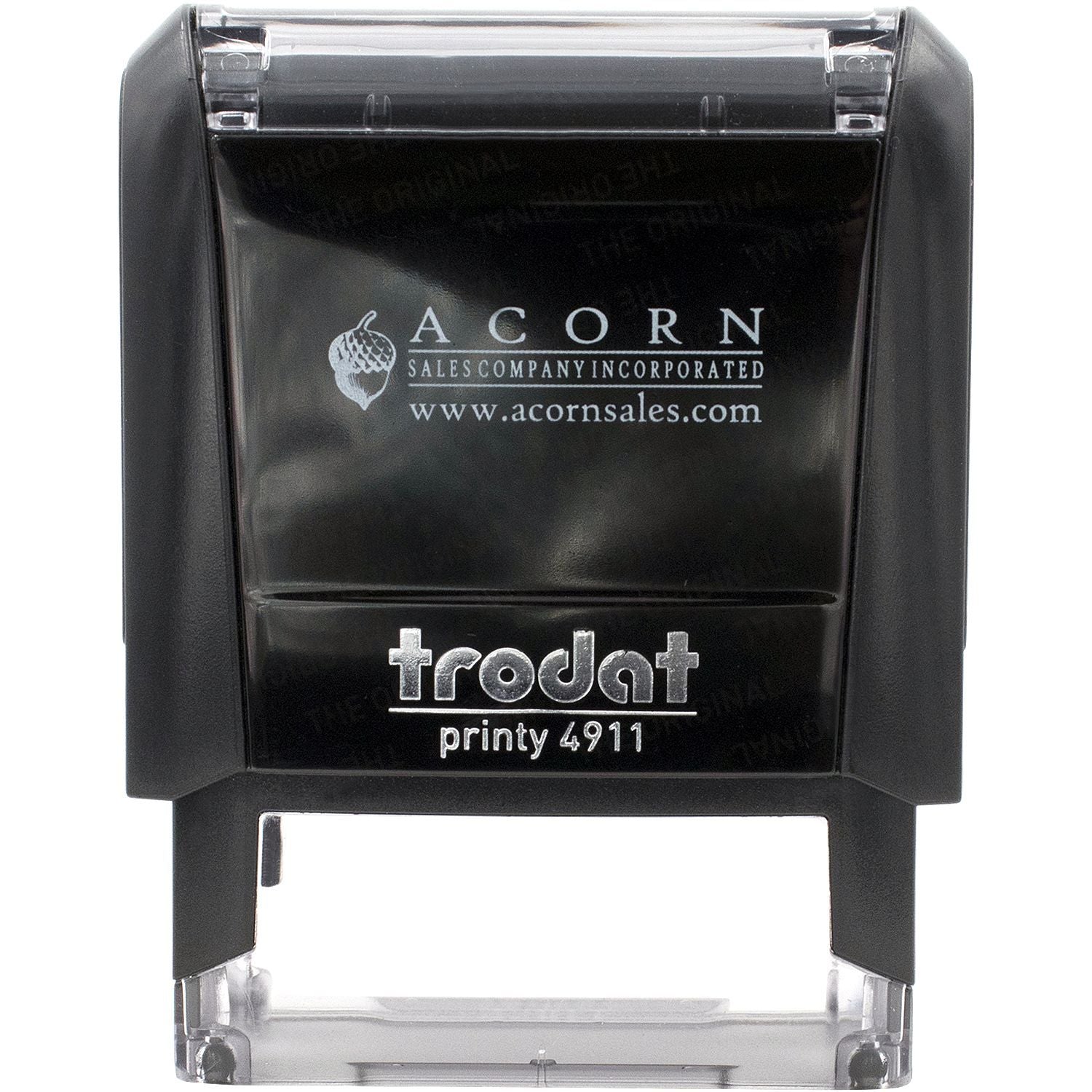 Black Trodat Printy 4911 self-inking rubber stamp with Acorn Sales Company logo on a white background.