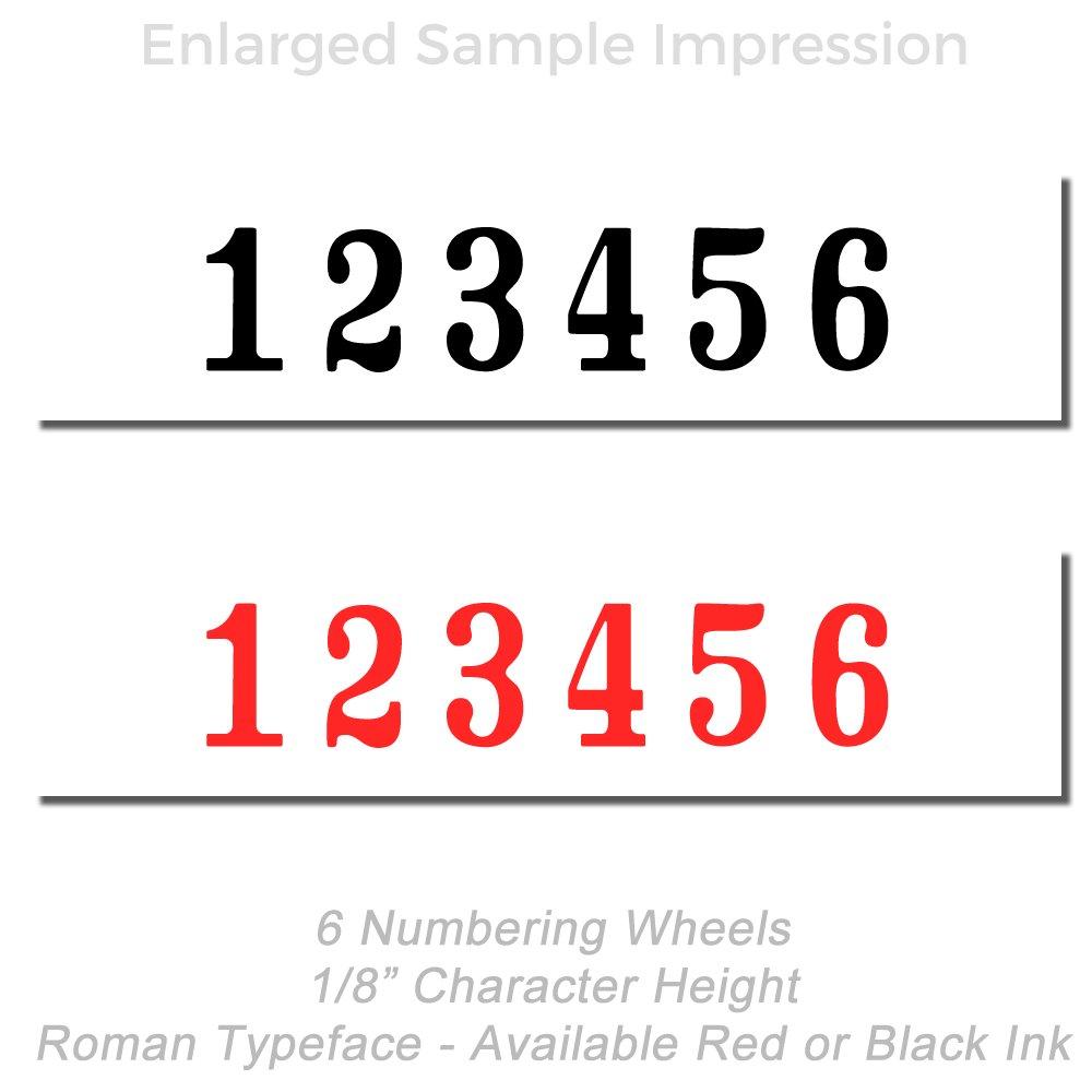 6-digit numbering wheels sample impression with Roman typeface, 1/8-inch character height, available in red or black ink.