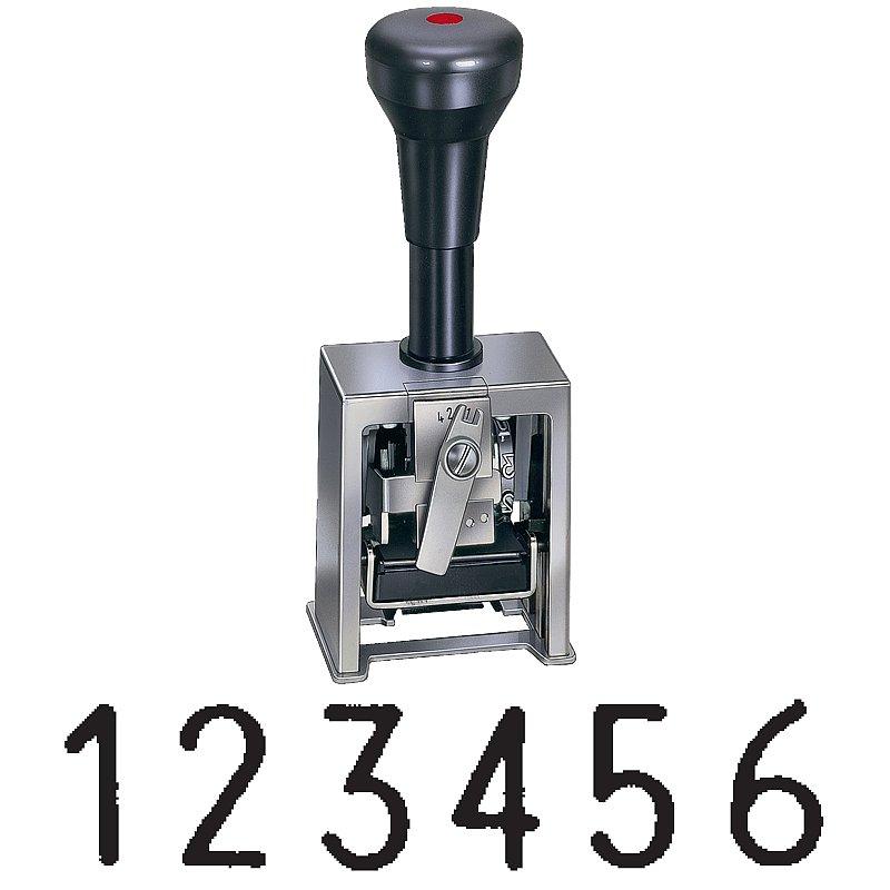 The image shows a 6-digit numbering machine with "123456" showing.
