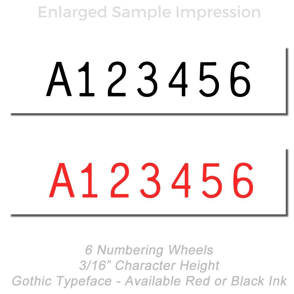 Sample impression of A123456 numbering wheel stamp in black and red ink, 6-wheel gothic typeface, 3/16-inch character height.