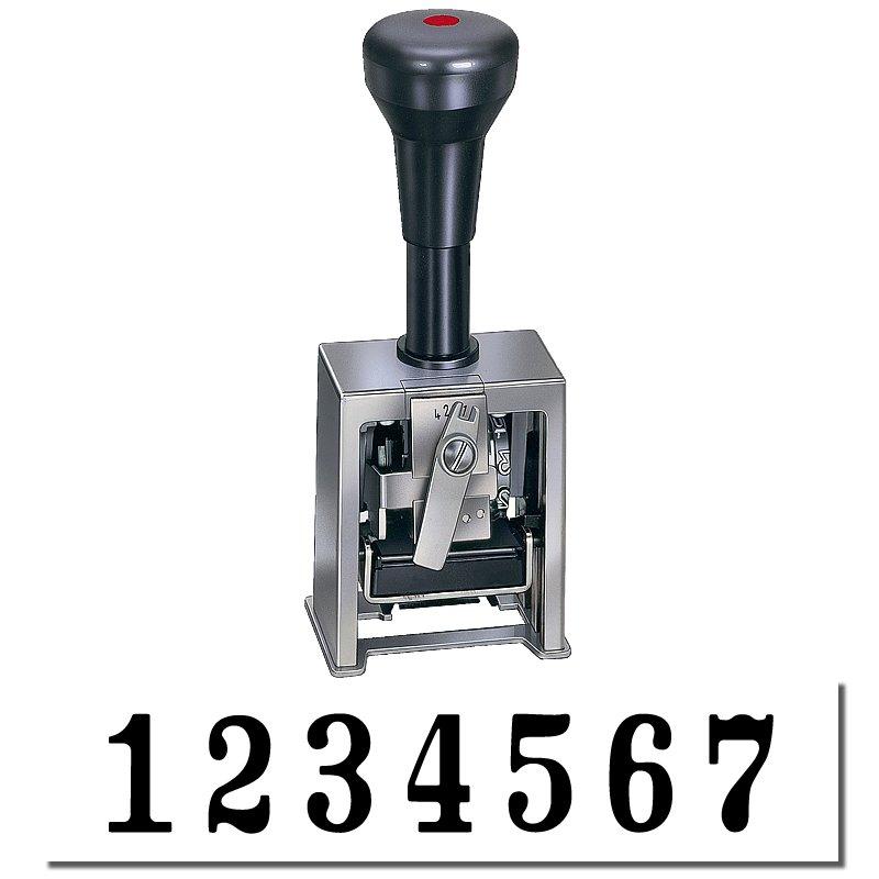 The image shows a 7-wheel number stamp with "1234567" showing.
