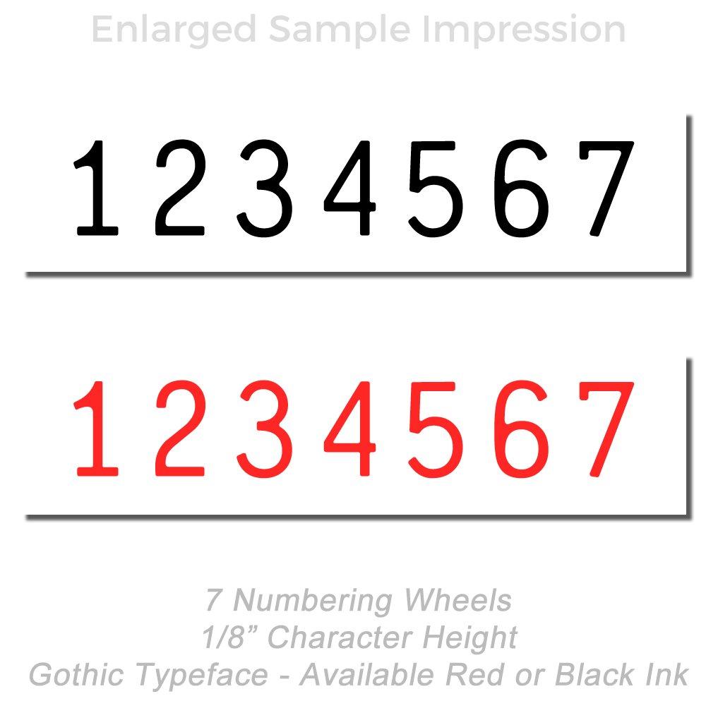 7-number numbering wheel sample imprint with 1/8 inch gothic typeface in red and black ink, showing numbers 1234567.
