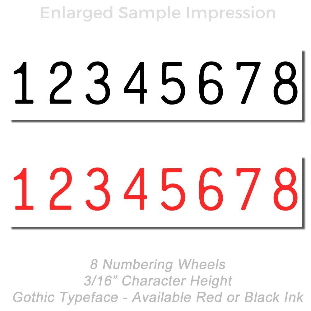 Enlarged sample impression of 8 numbering wheels in gothic typeface, 3/16-inch character height, shown in black and red ink.