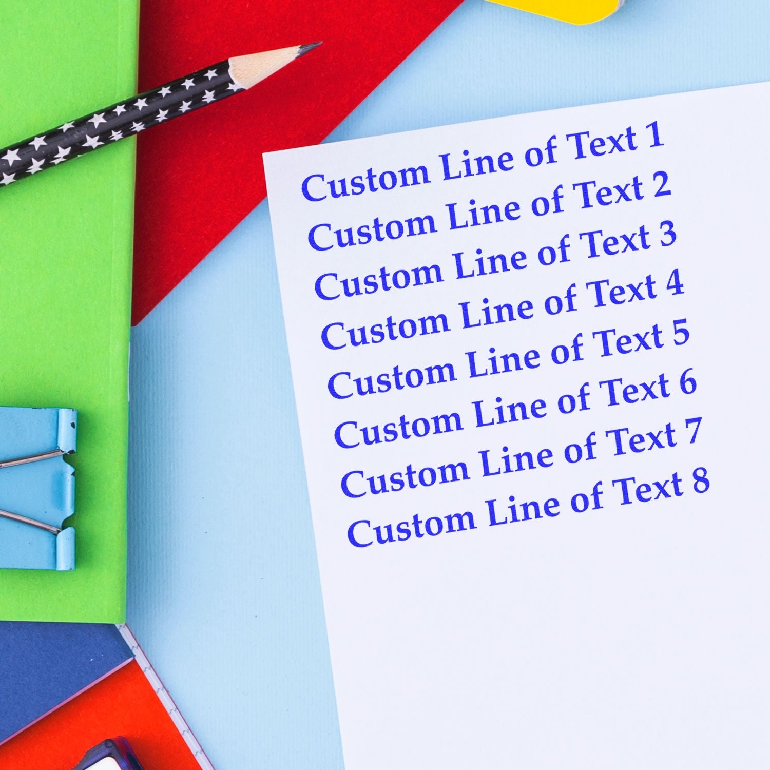 American flag background with a printed card showing custom lines of blue text 18 for graphic design layout