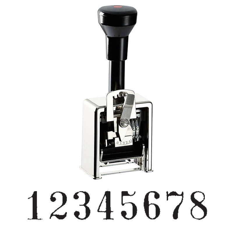The image shows an eight-wheel numbering machine with "12345678" showing.