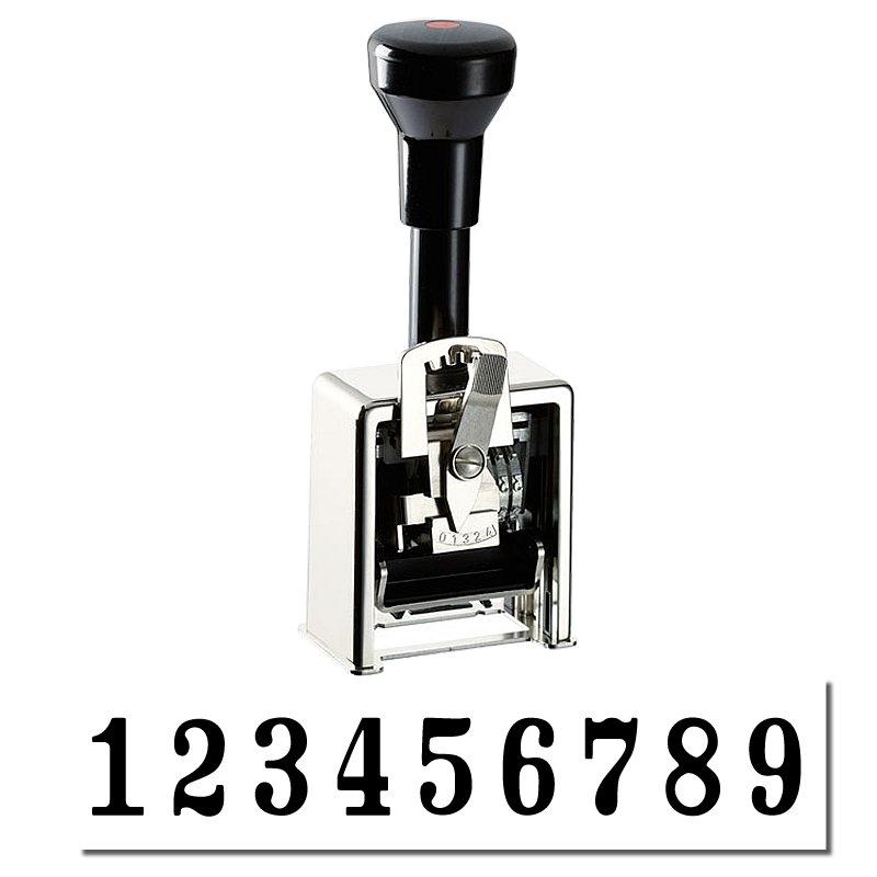 The image shows a nine-wheel numbering machine with "123456789" showing.