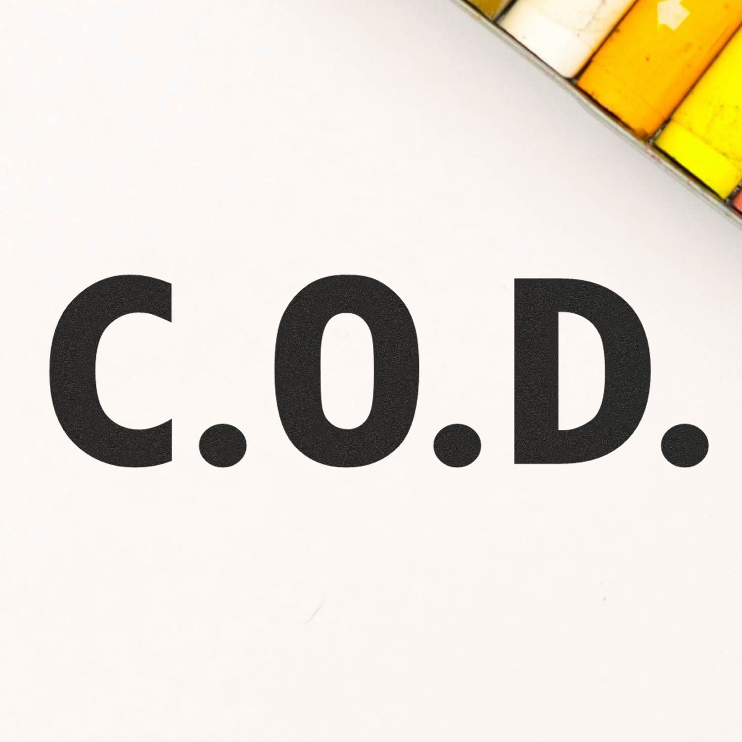 Cash on delivery (COD) label with bold black letters on white background, with partial caution tape above.