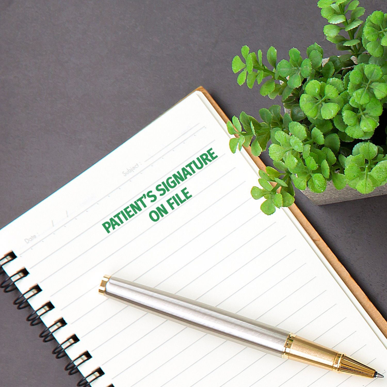 Notebook page reading Patients Signature on File beside green plant, representing signed medical consent and record keeping.