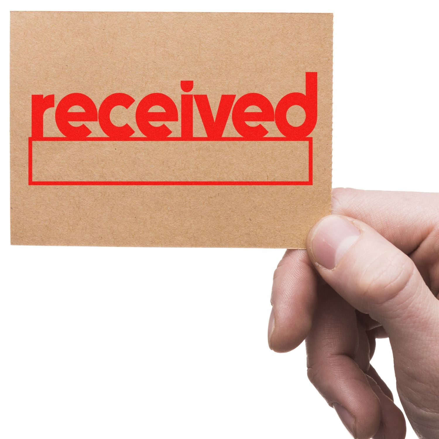 Hand holds kraft card reading received in red, confirming delivery receipt or document status.