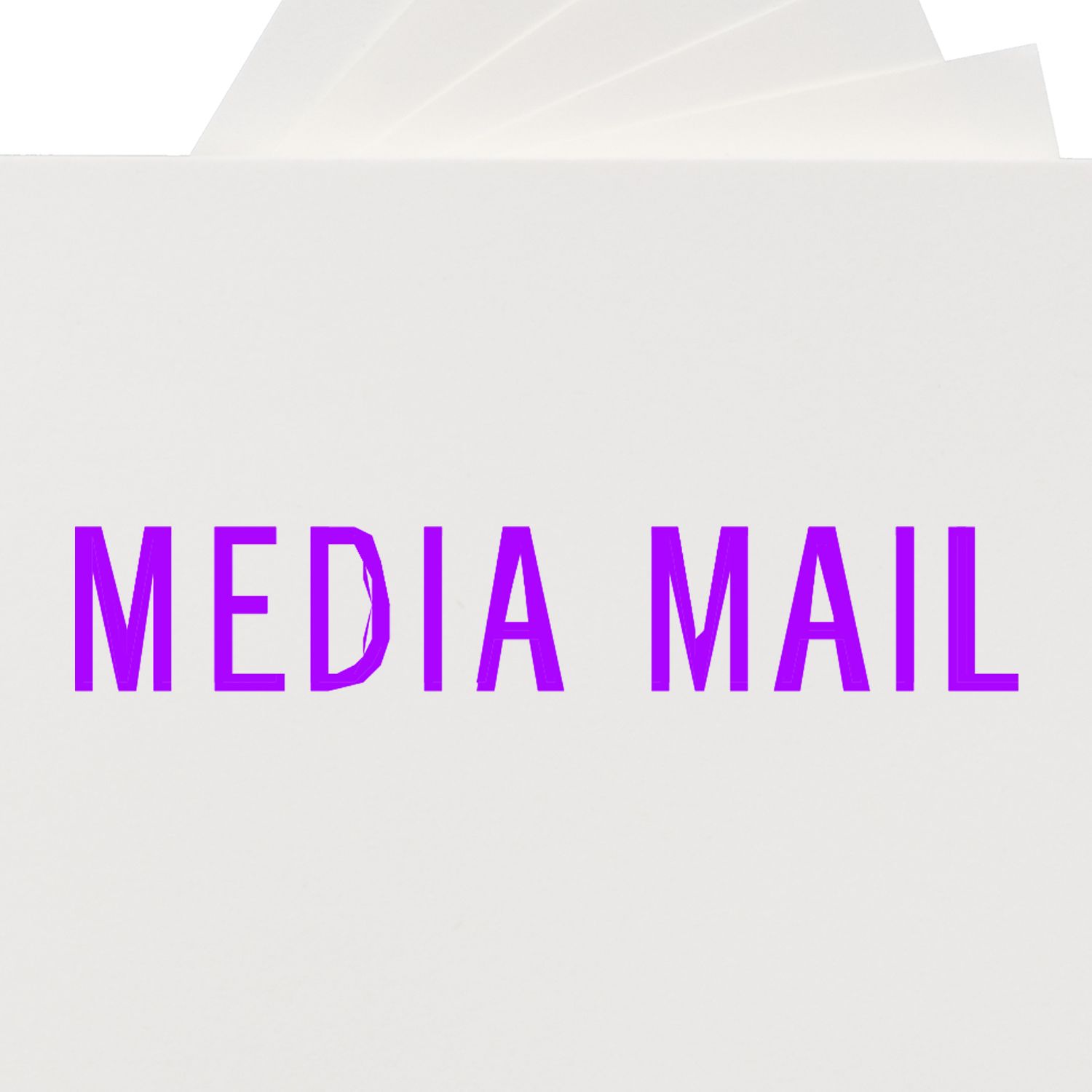 Media Mail shipping label text in bold purple on a white background for postal delivery services