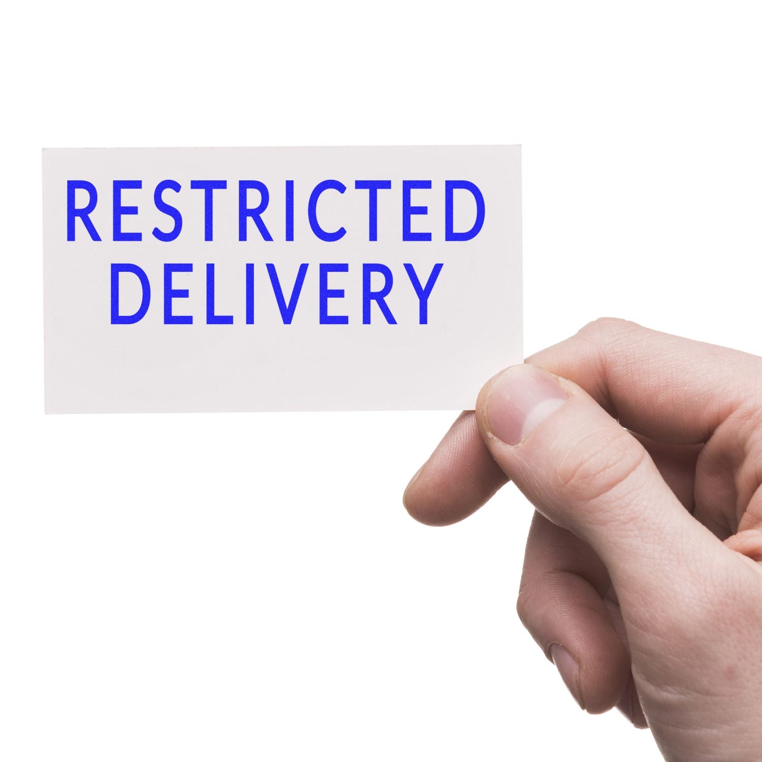 Hand holding a card labeled Restricted Delivery, highlighting postal delivery restricted to authorized recipients for secure mail.