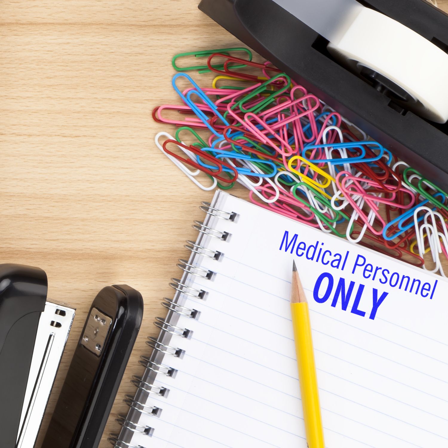 Medical Personnel Only notepad on desk with colorful binder clips and electronic devices, promoting healthcare access restriction.