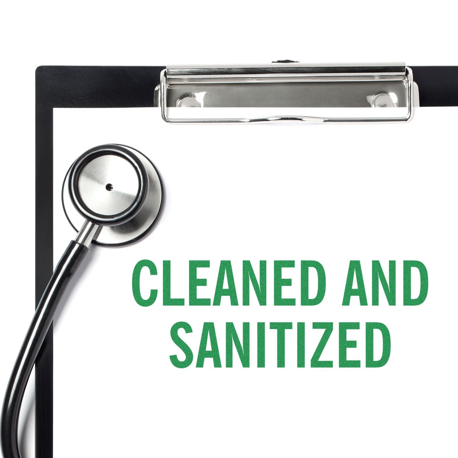 Cleaned and sanitized medical clipboard with stethoscope, highlighting hygiene and infection control procedures.
