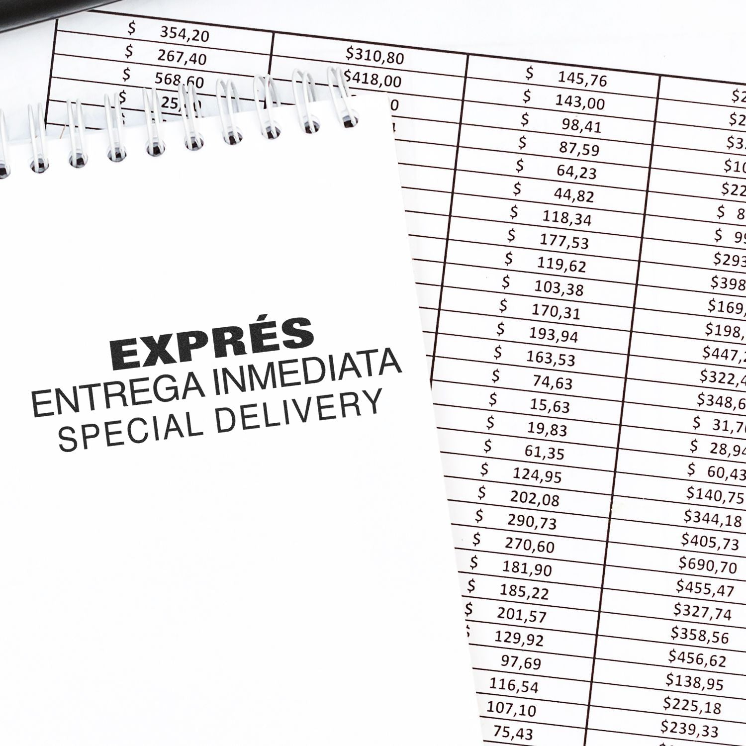 Express immediate special delivery with spreadsheet of shipping costs and currency amounts, showing delivery pricing for quick service.