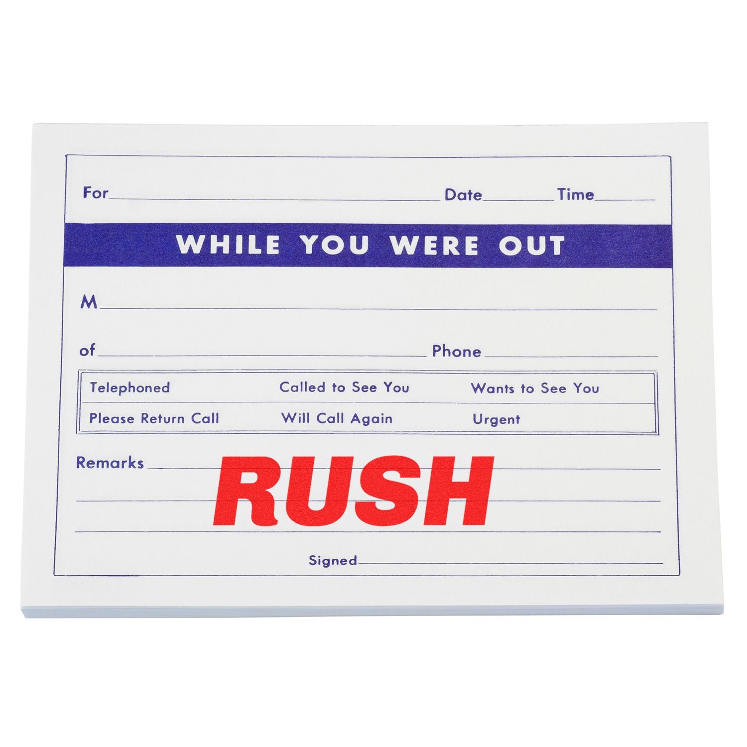 Phone message form reading While You Were Out, marked Rush, with fields for date, time, phone, and return call.