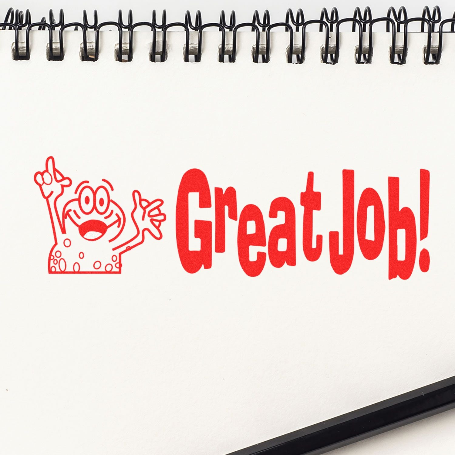 Red Great Job! motivational sign with a cheering cartoon character, celebrating achievement on a white background.
