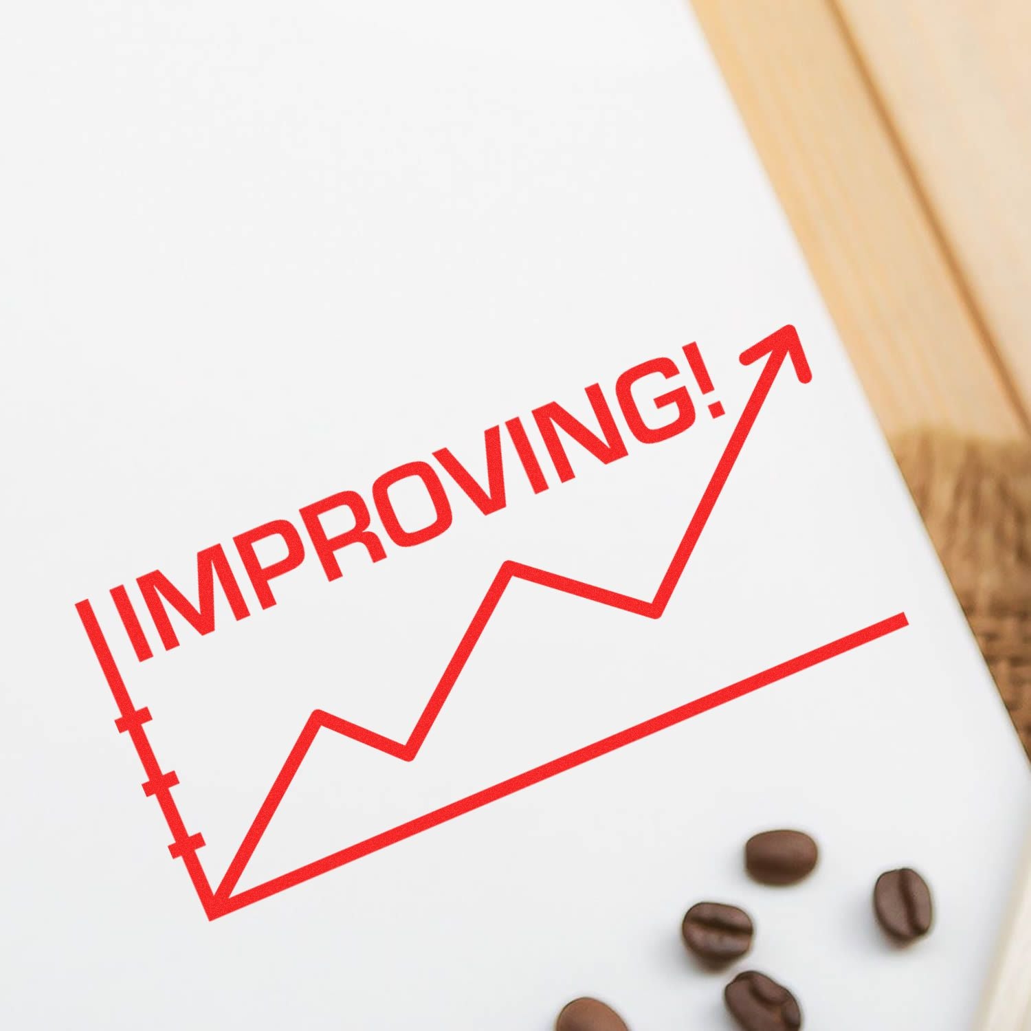 Improving business performance growth infographic with rising arrow and IMPROVING, coffee beans indicating better coffee sales.