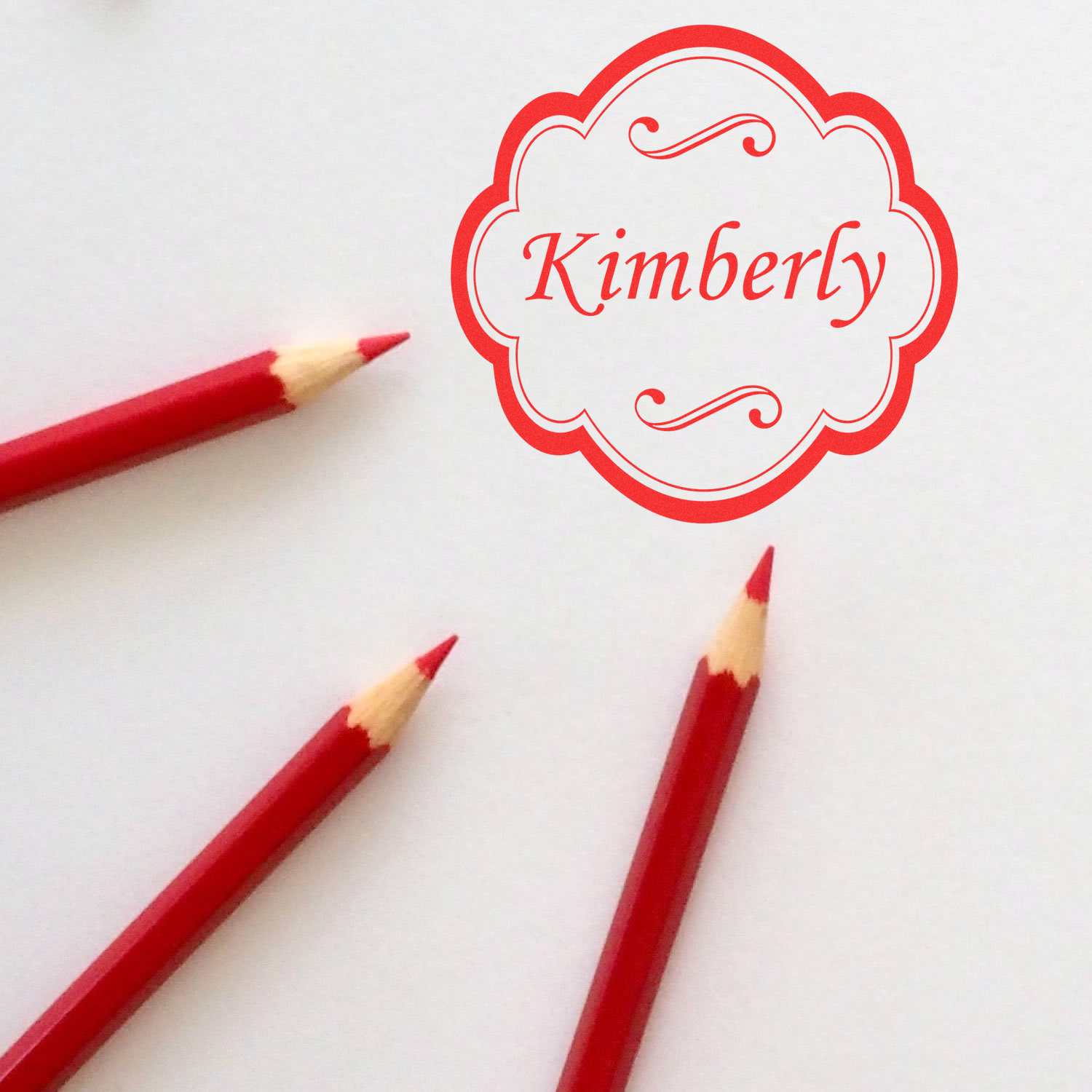 Personalized Kimberly rubber stamp design with decorative frame, ideal for custom name stamps, stationery, and classroom use.