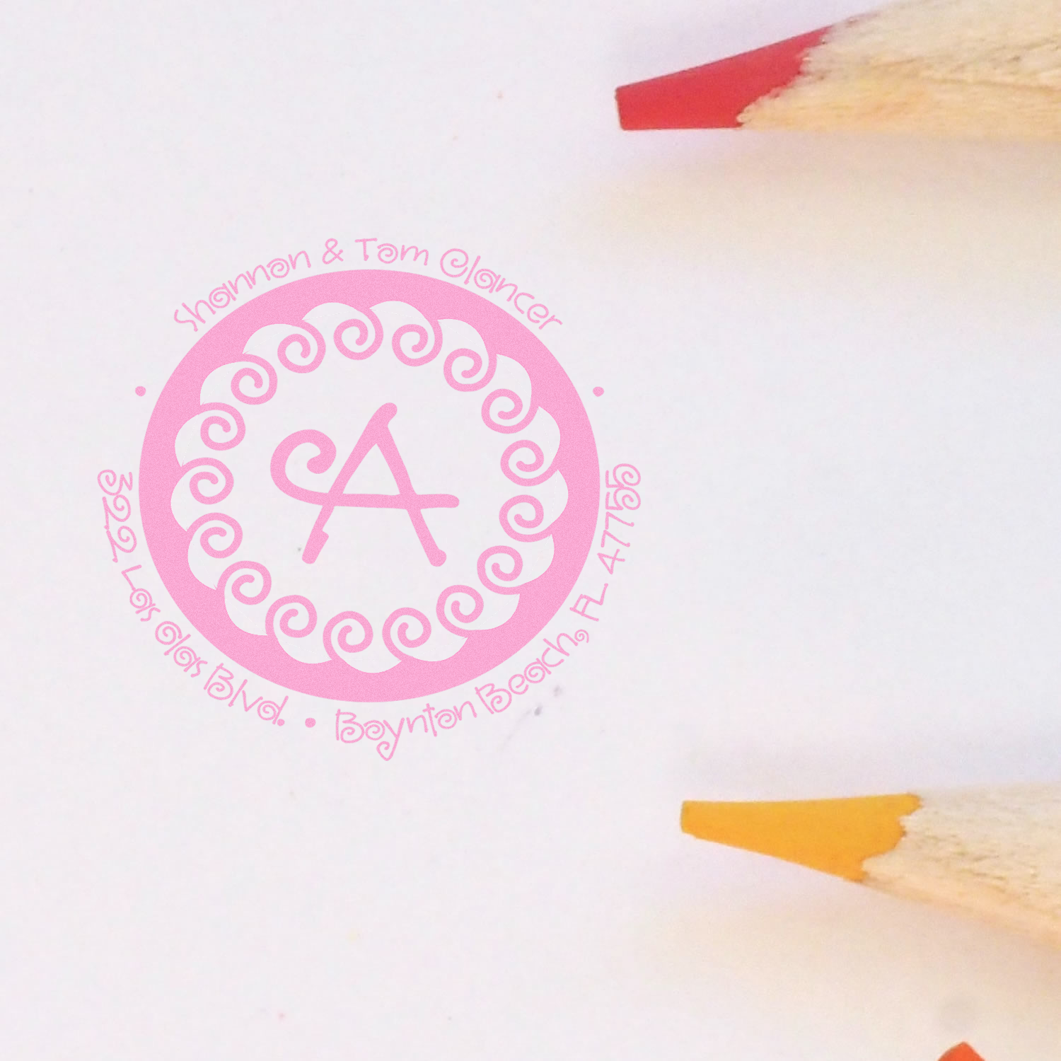 Custom address rubber stamp impression with pink monogram A for Shannon & Tom, Boynton Beach, FL.