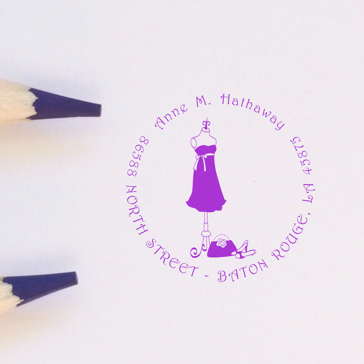 Personalized return address rubber stamp with fashion dress silhouette for Anne M. Hathaway, Baton Rouge, LA.