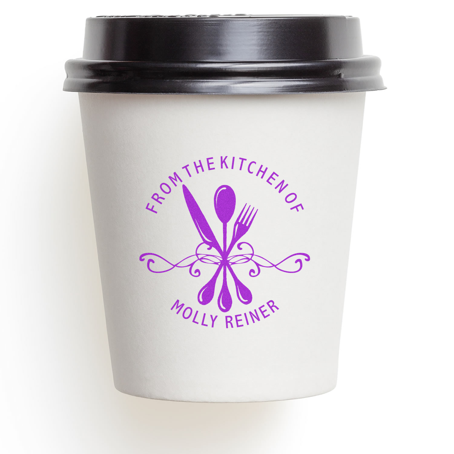 Custom rubber stamp design for kitchen branding with utensils and From the Kitchen of Molly Reiner text.