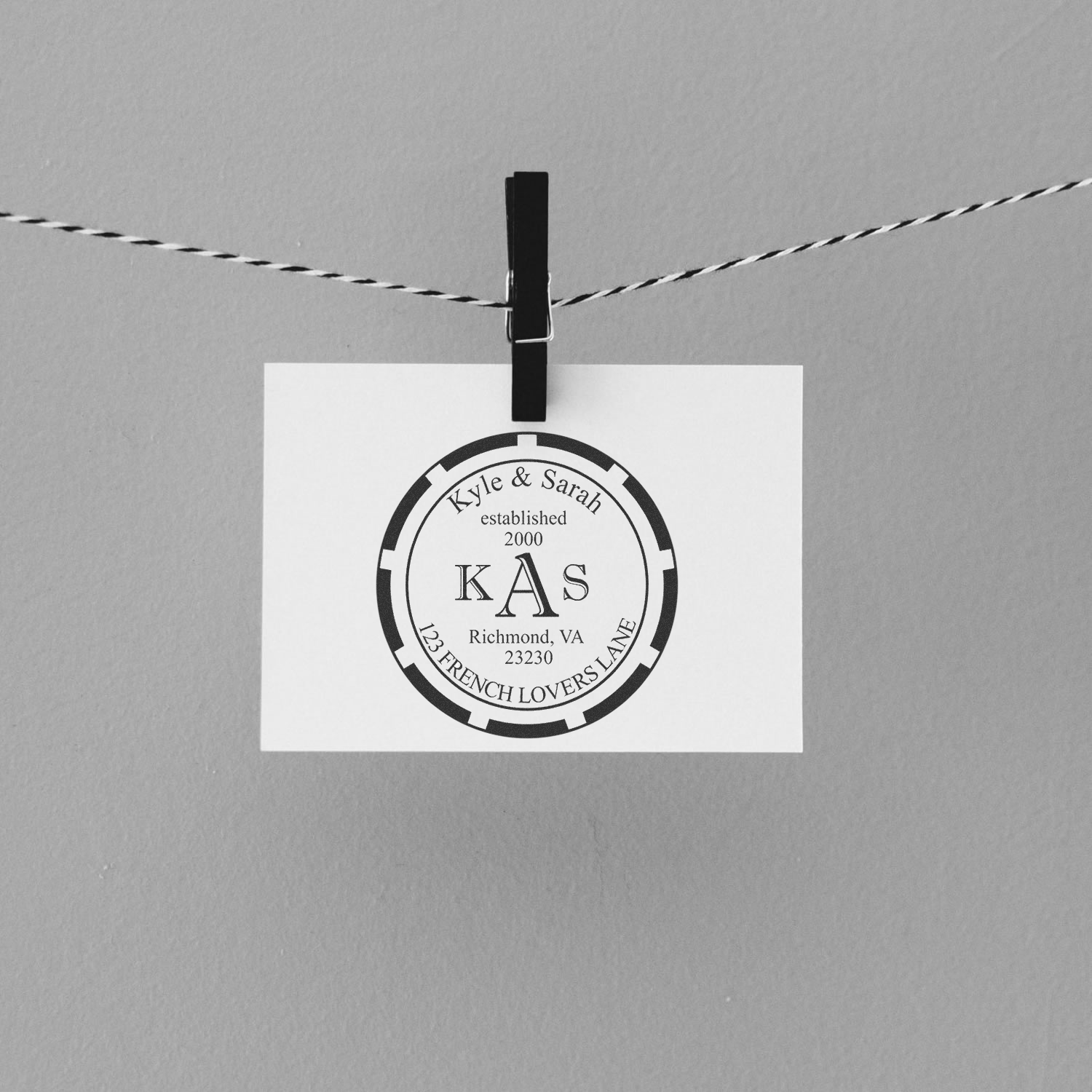 Personalized family return address rubber stamp with monogram KAS, Kyle & Sarah, Richmond VA, for custom stationery.