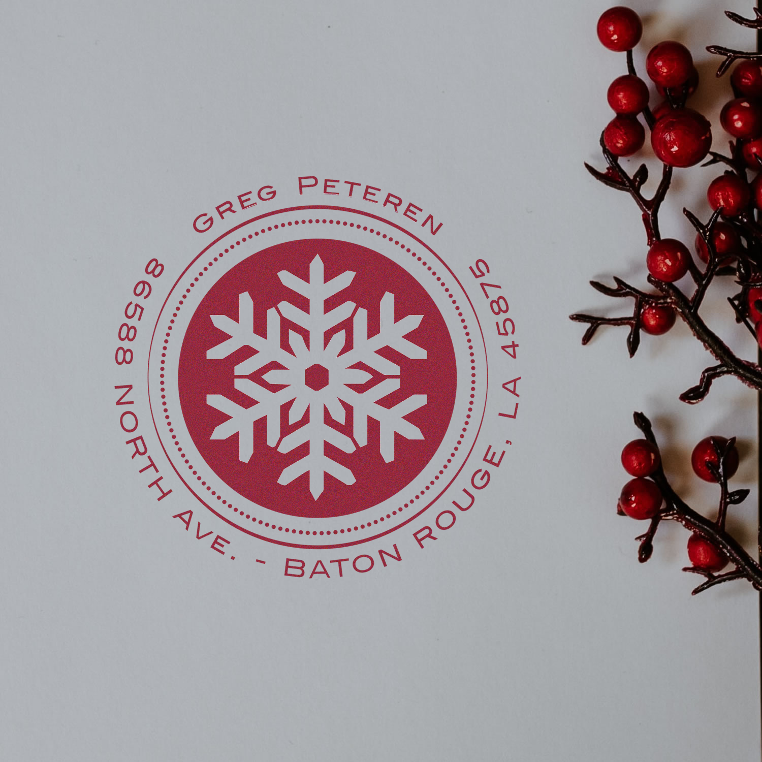 Custom holiday address rubber stamp with snowflake design for festive cards, featuring Greg Peteren, Baton Rouge, LA.