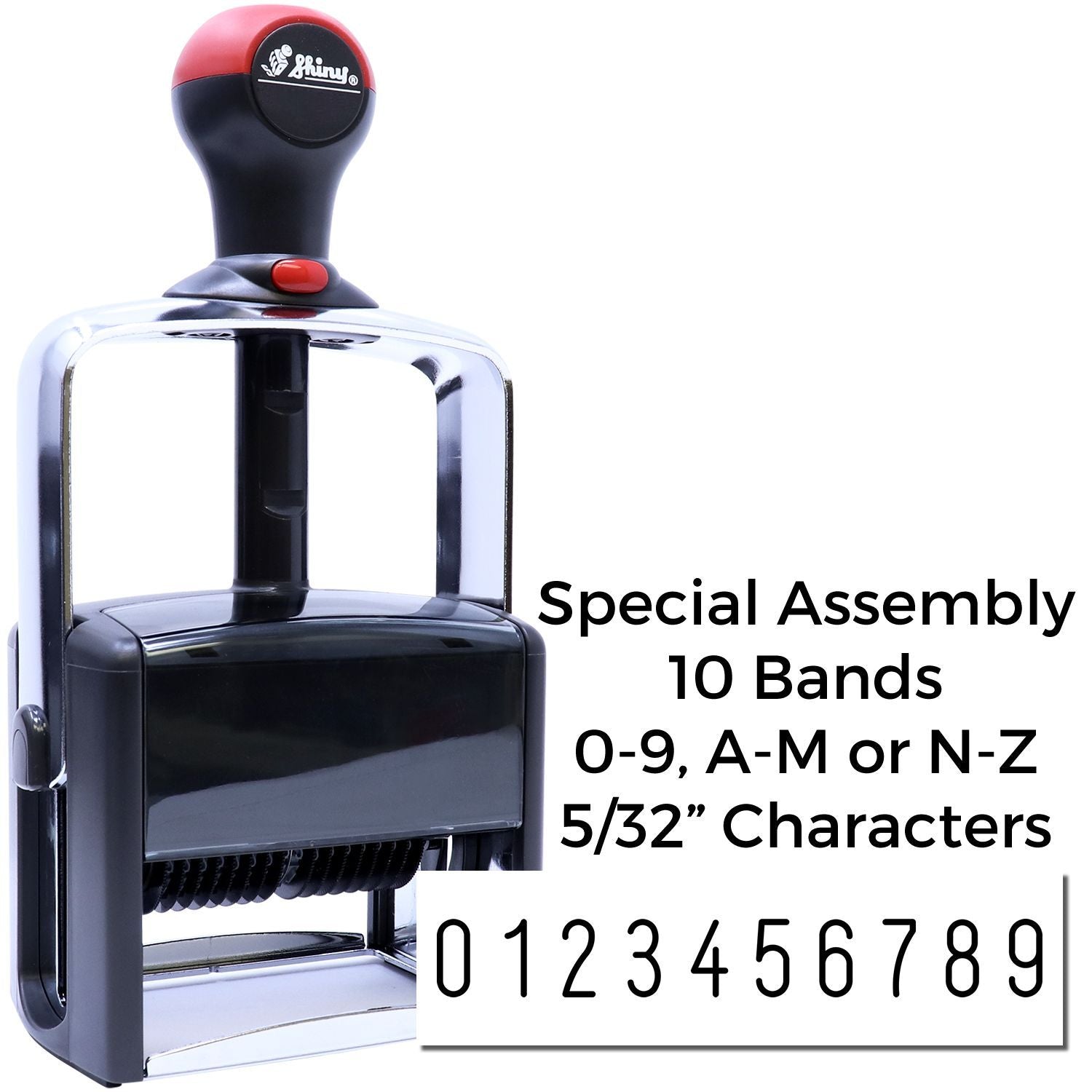 Shiny special assembly stamp showing 09, AM or NZ 5/32-inch characters with 10 bands layout for custom imprinting and number-letter stamping