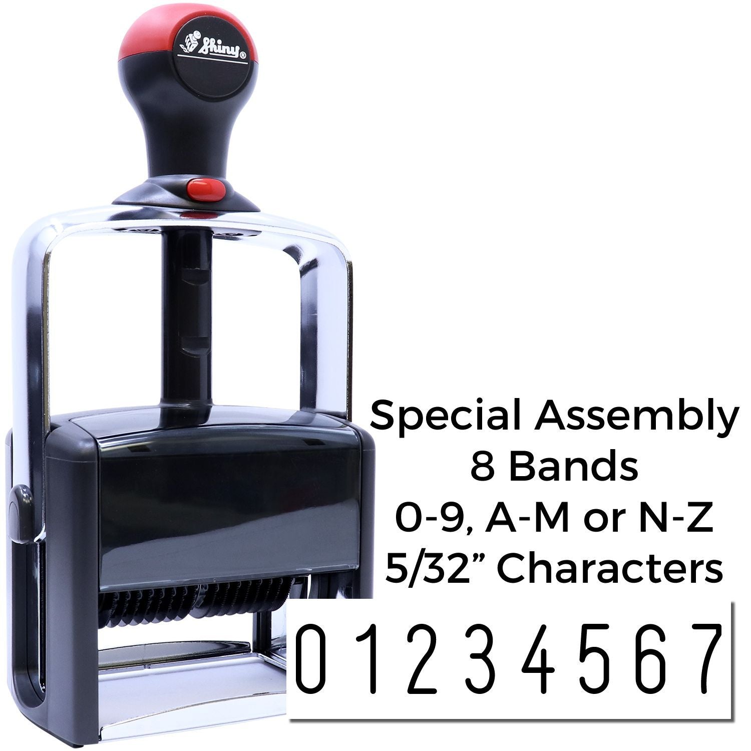 Shiny self-inking special assembly date stamp with 8 bands and 5/32-inch characters, numbered 0-9 and letter ranges A-M or N-Z.