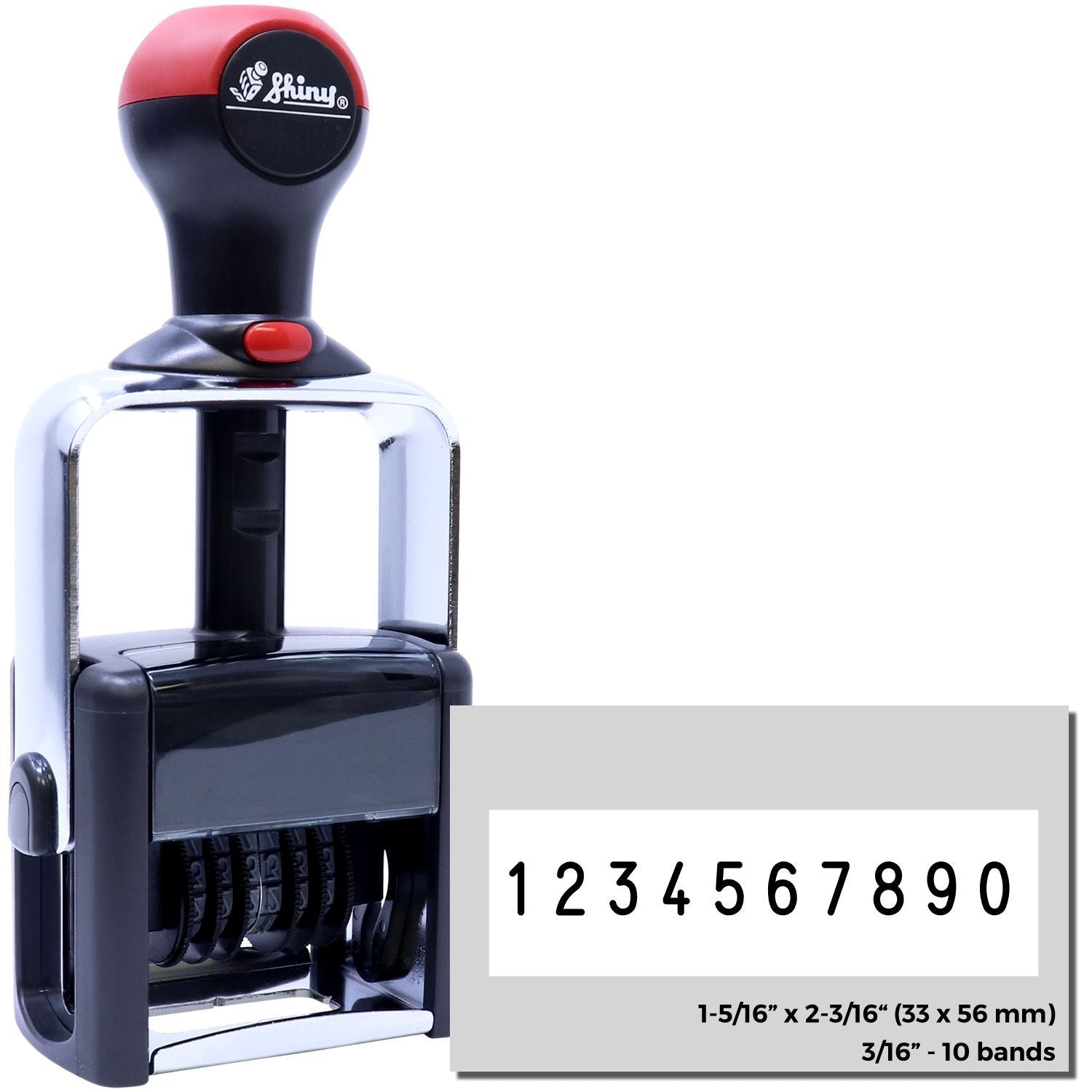 Shiny industrial number stamp with 10 bands, 1-5/16 x 2-3/16 inch, displaying 1234567890 for product serial labeling and tracking