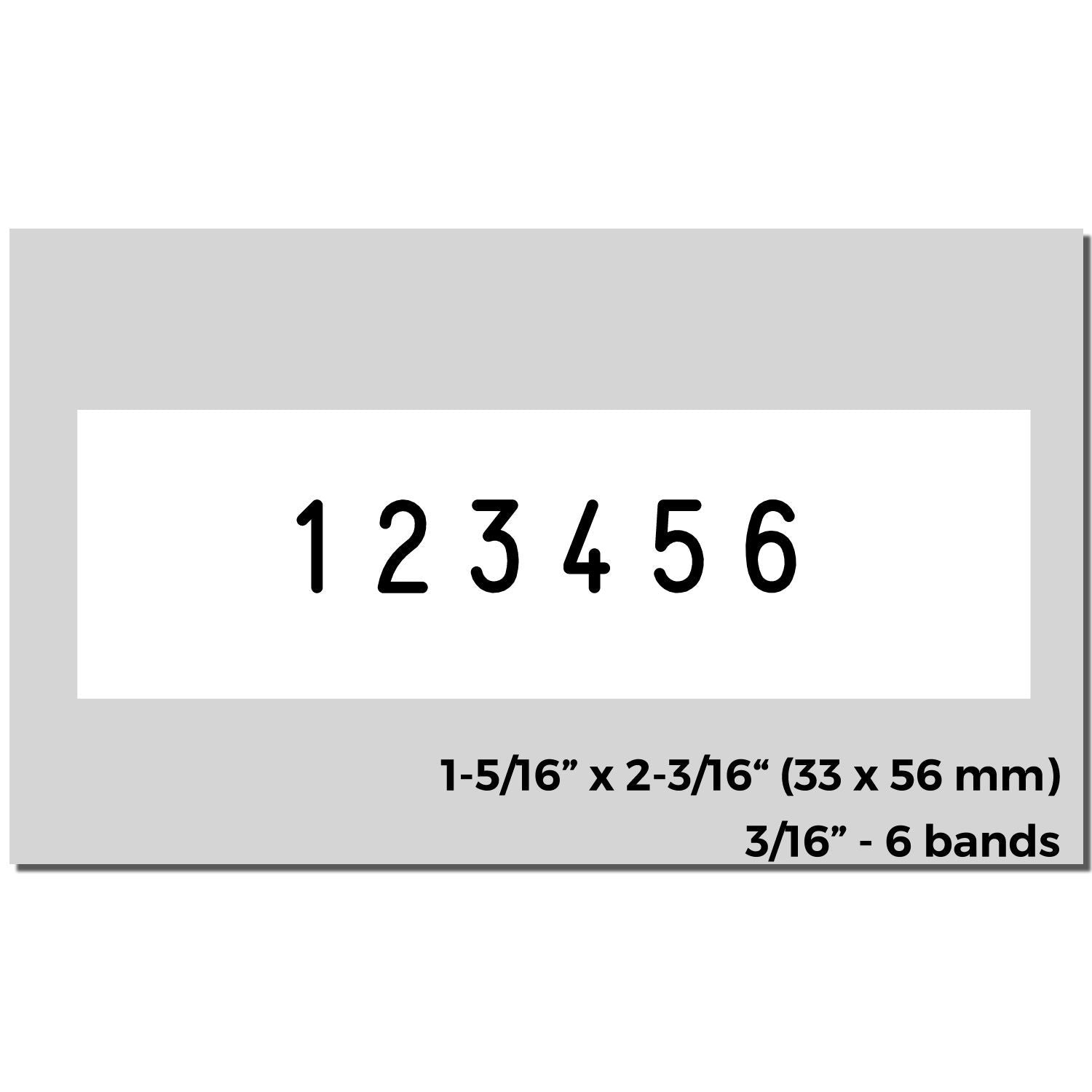 Label template showing 123456 and print specs: 1-5/16 x 2-3/16 in (33 x 56 mm), 3/16 in6 bands