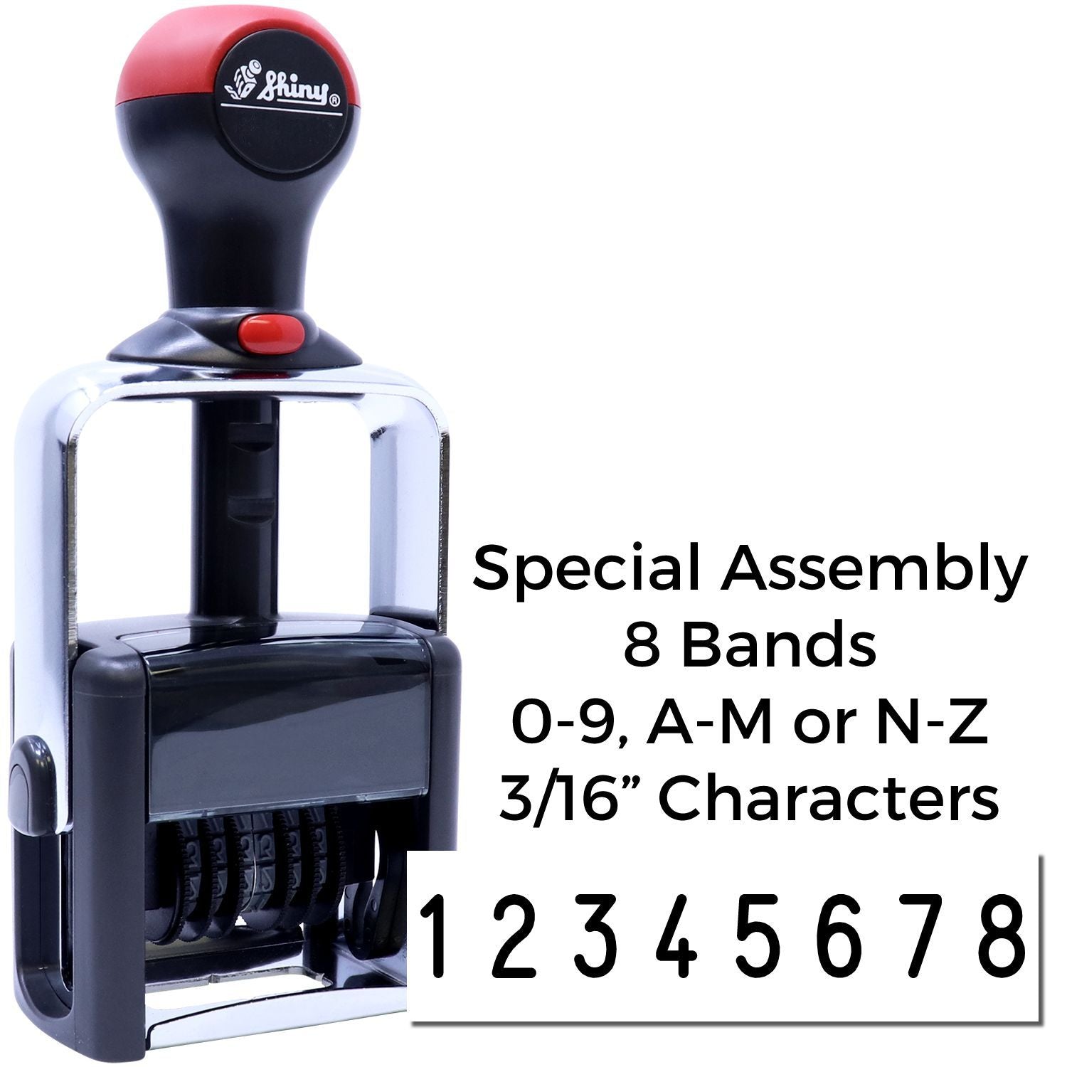 Shiny stamp special assembly for 8 bands, letters O-9/A-M/N-Z and 3/16-inch characters with sample number 12345678.