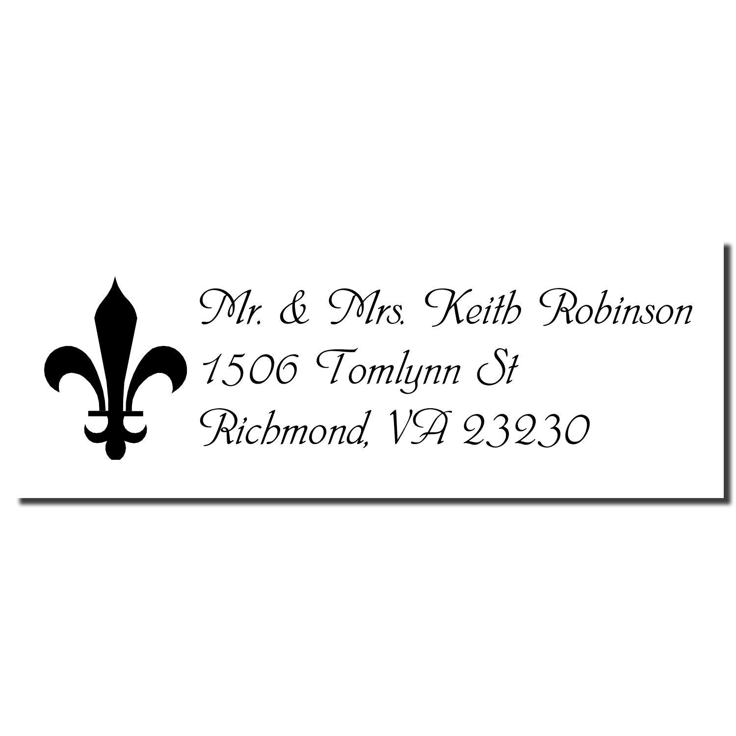 Custom return address rubber stamp with fleur-de-lis design for Mr. & Mrs. Keith Robinson, Richmond, VA 23230.