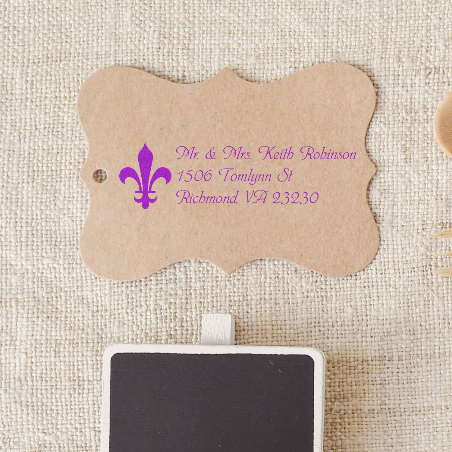 Custom wedding return address rubber stamp with fleur-de-lis for Mr. & Mrs. Keith Robinson, Richmond VA.