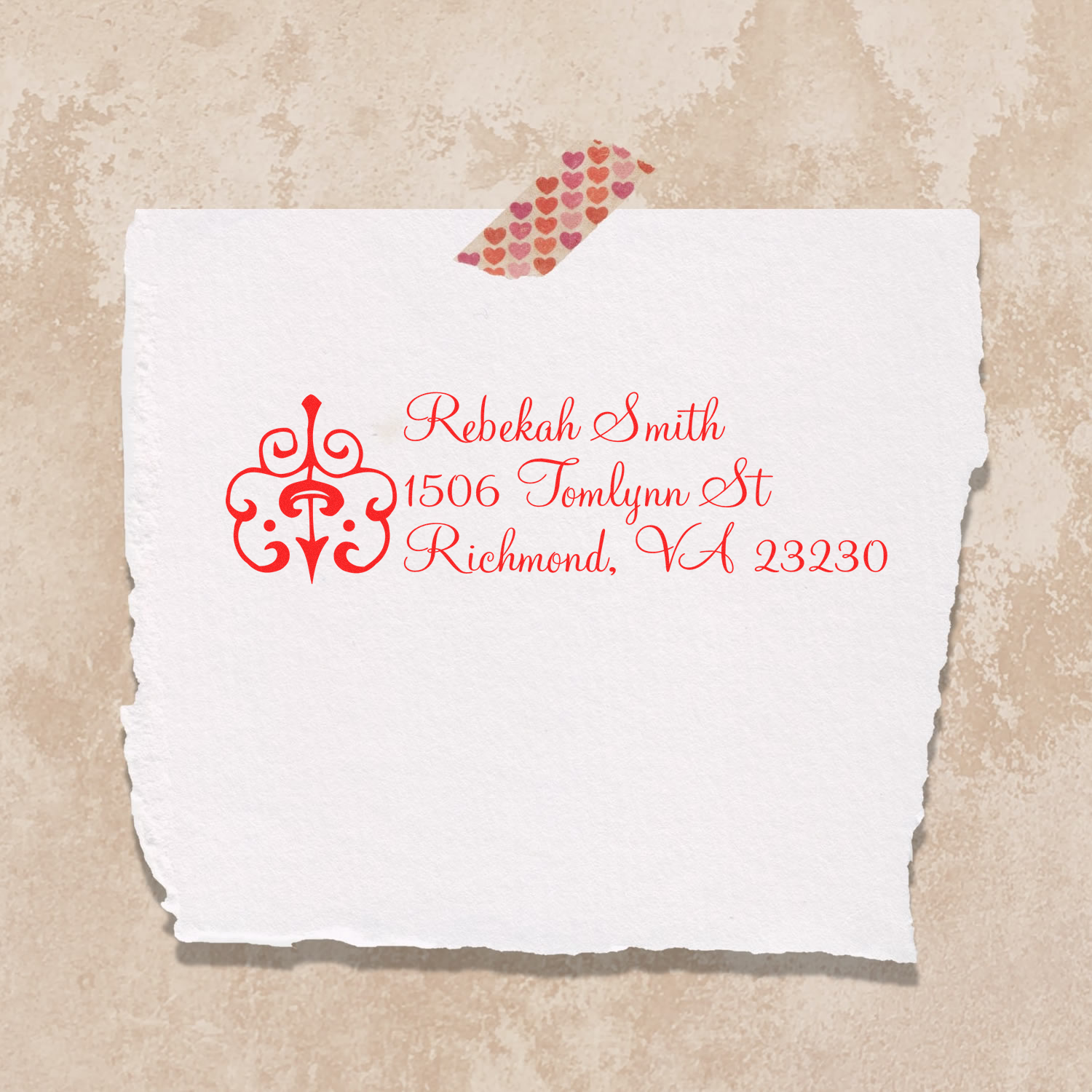 Custom address rubber stamp with decorative monogram for Rebekah Smith, Richmond, VA 23230
