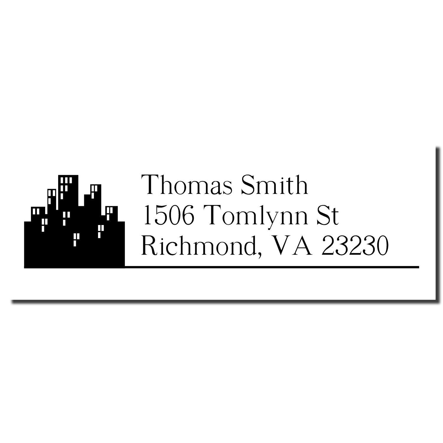 Custom return address rubber stamp with city skyline icon for Thomas Smith, 1506 Tomlynn St, Richmond, VA 23230.