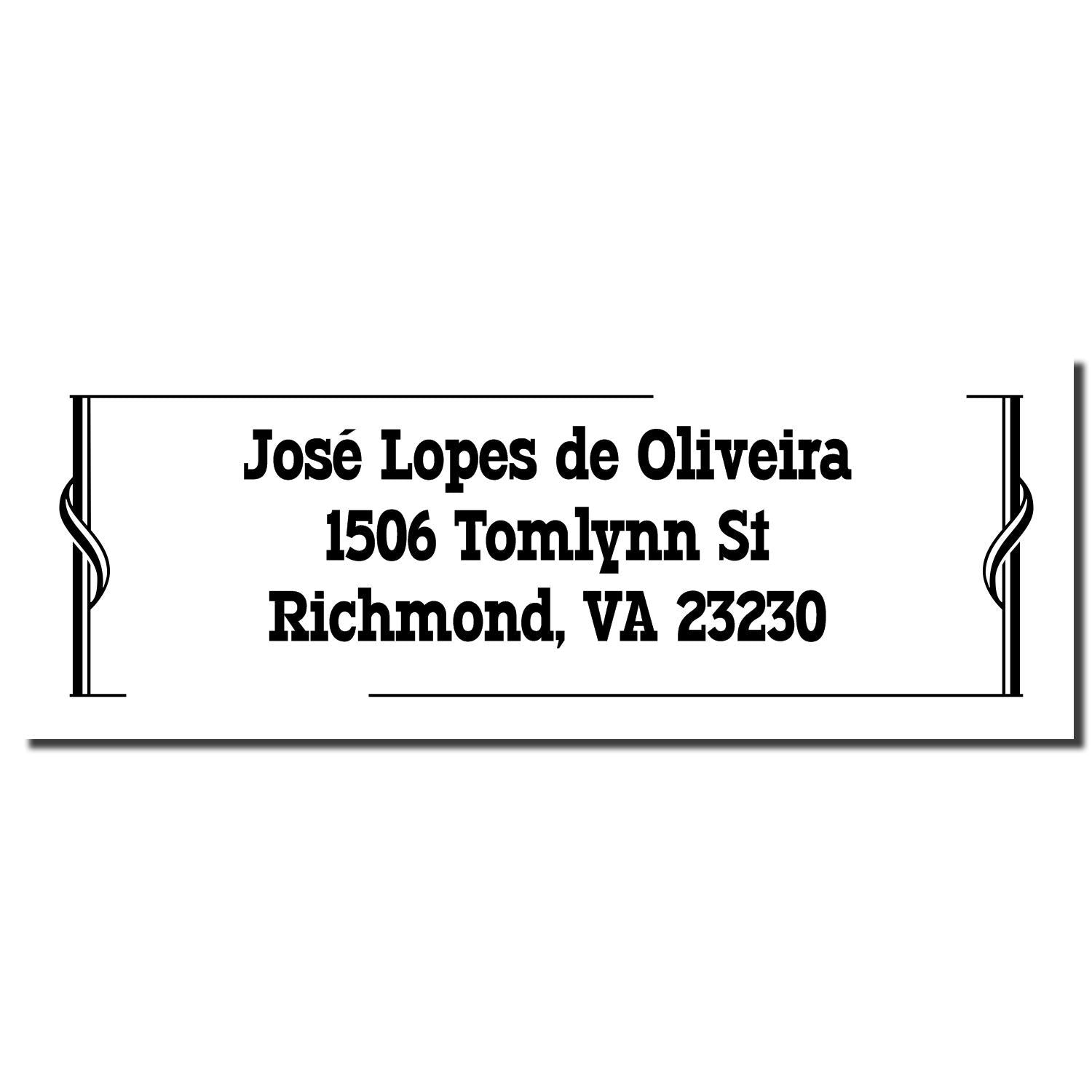 Custom address rubber stamp for Jos Lopes de Oliveira, 1506 Tomlynn St, Richmond, VA 23230.