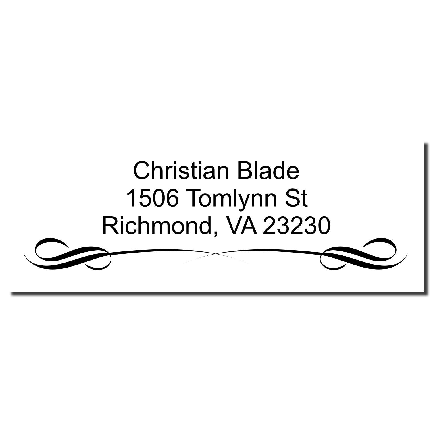Custom address rubber stamp for Christian Blade, 1506 Tomlynn St, Richmond, VA 23230 with decorative flourish.
