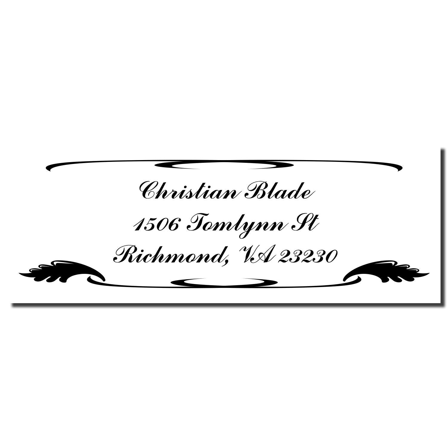 Personalized return address rubber stamp for Christian Blade, 1506 Tomlynn St, Richmond, VA 23230 with decorative frame.