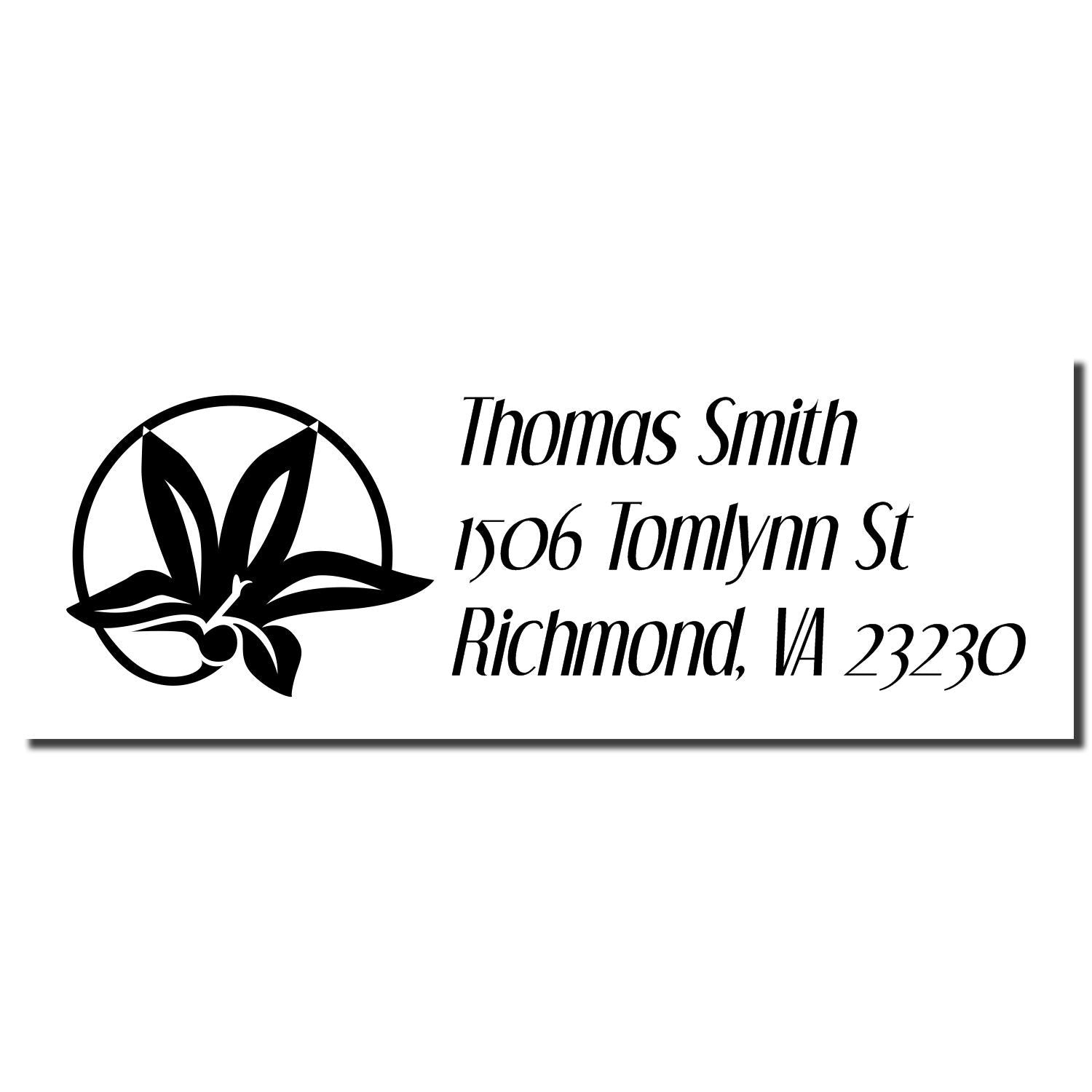 Custom return address rubber stamp with floral monogram for Thomas Smith, 1506 Tomlynn St, Richmond, VA 23230.