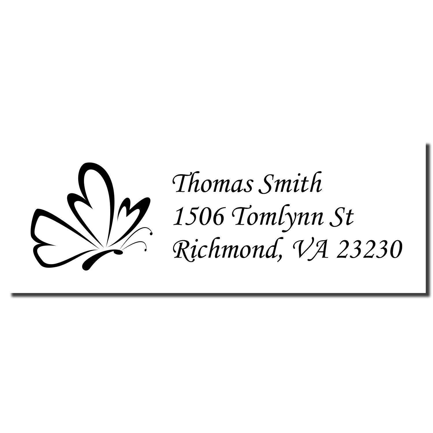 Custom address rubber stamp with butterfly design for Thomas Smith, Richmond, VA 23230