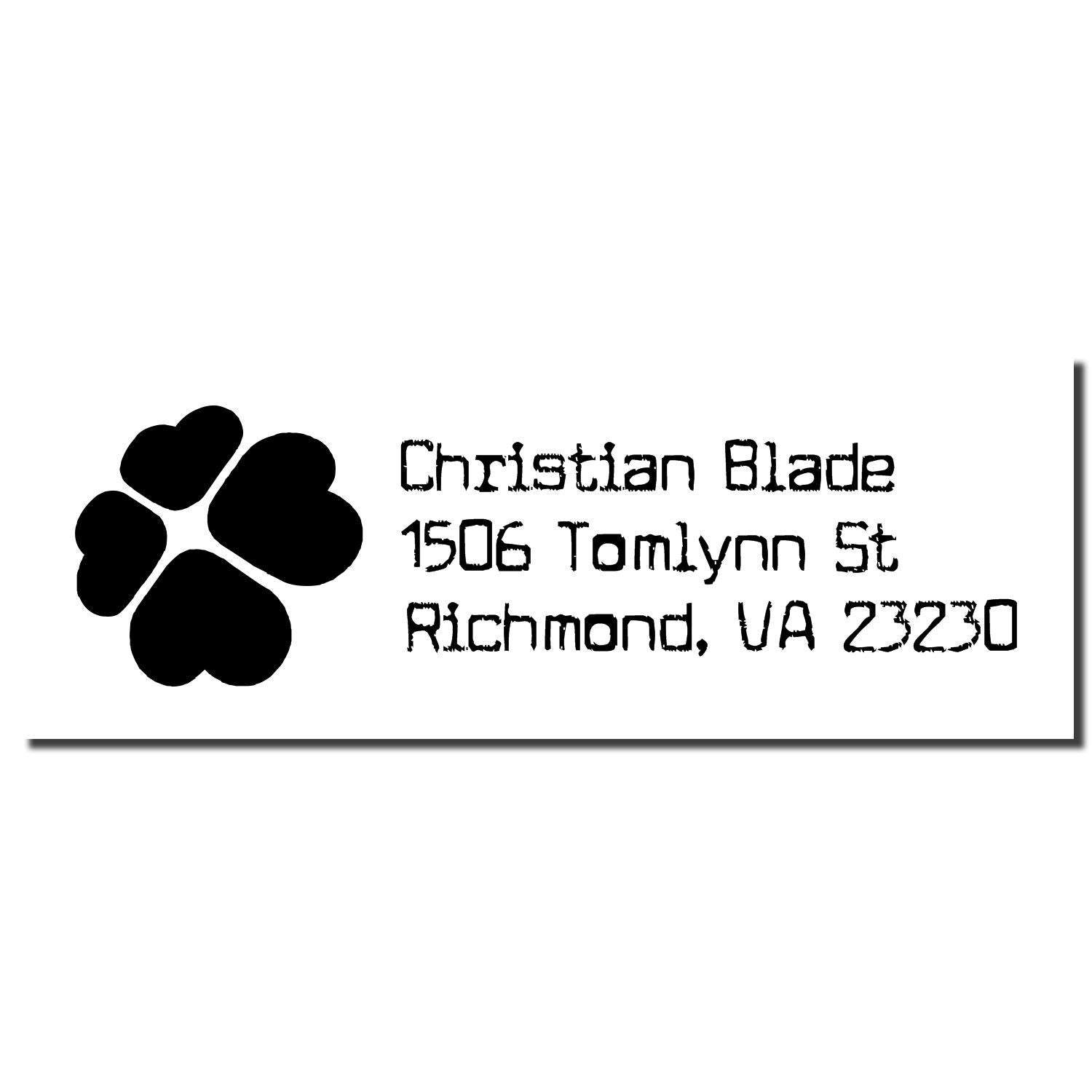 Custom paw print return address rubber stamp for Christian Blade, 1506 Tomlynn St, Richmond, VA 23230