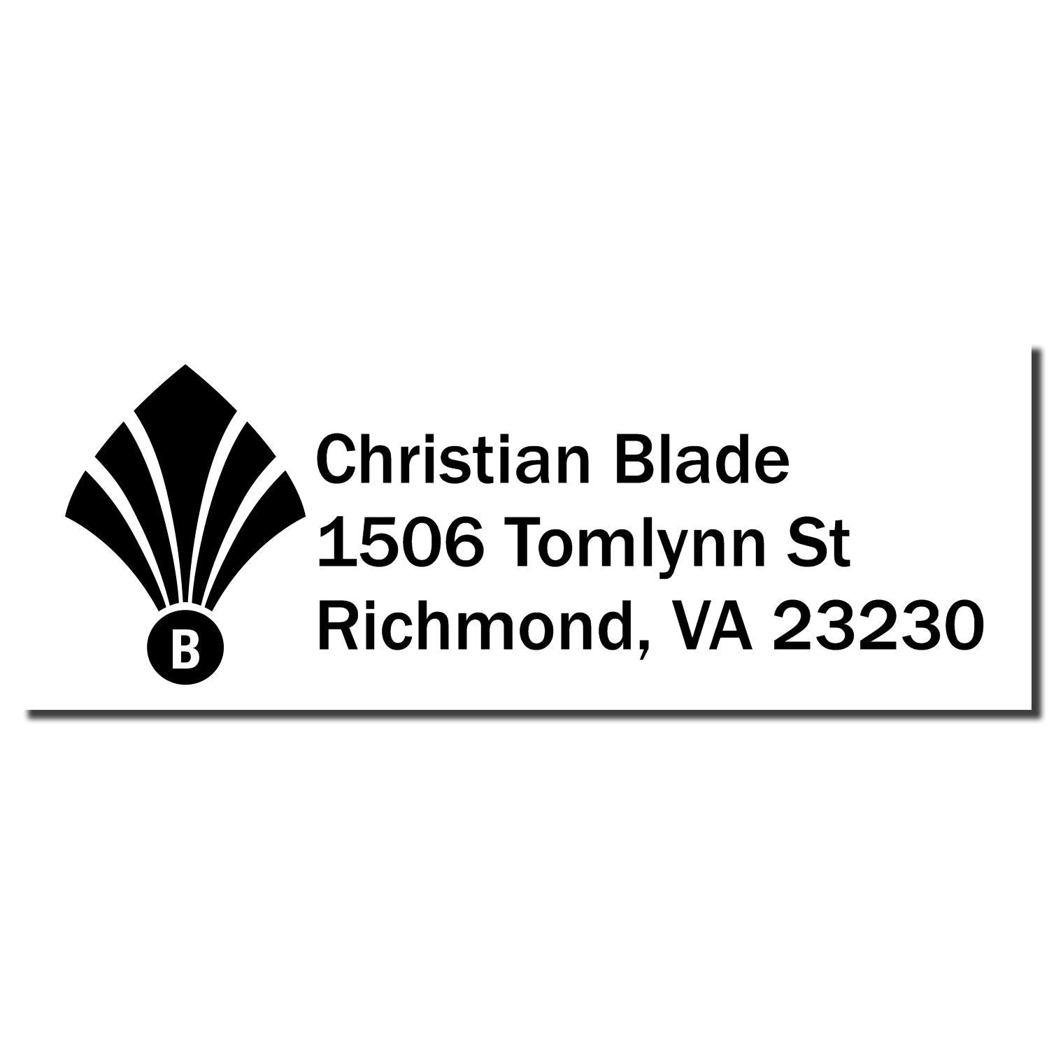 Custom rubber stamp for Christian Blade with logo and address, 1506 Tomlynn St, Richmond, VA 23230.