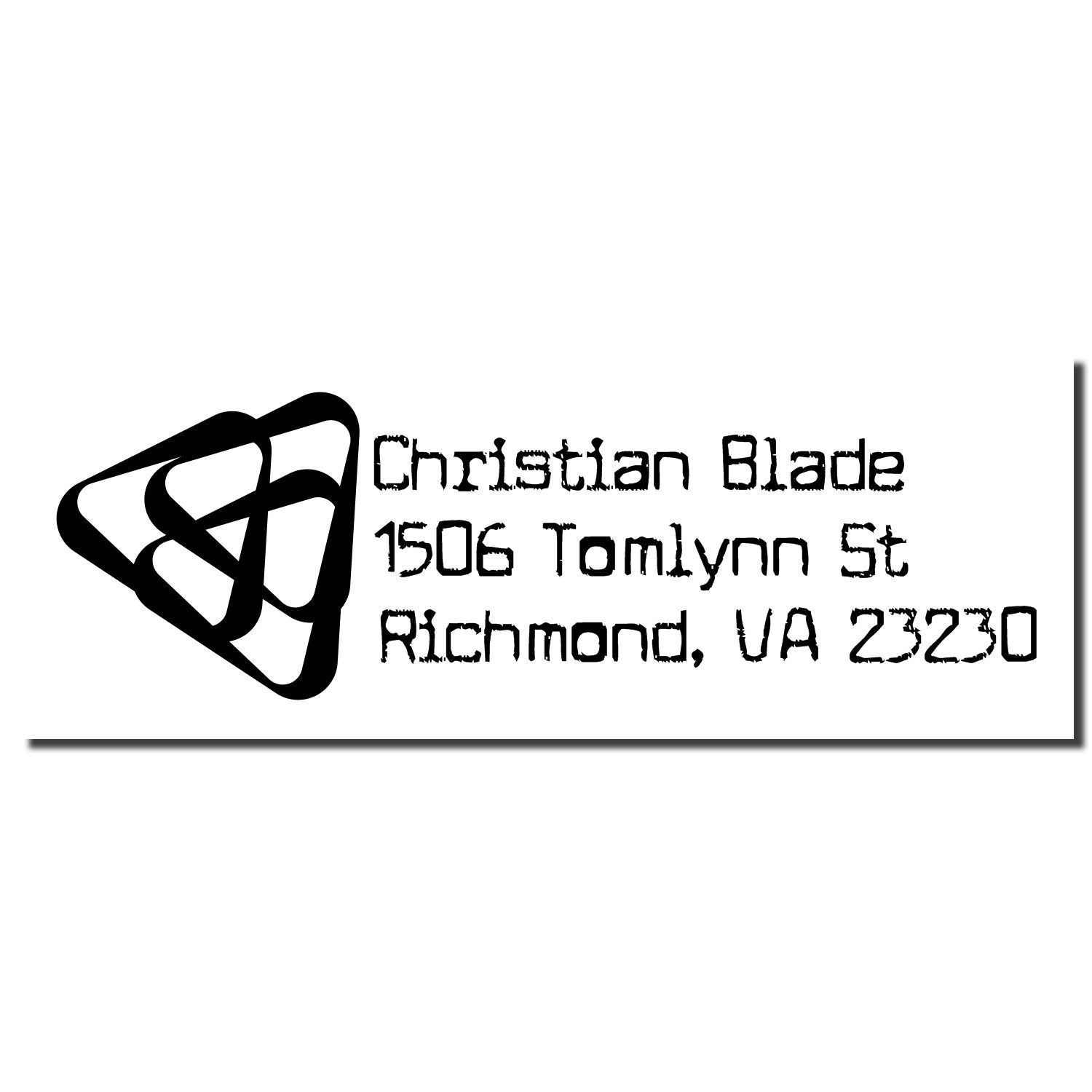 Christian Blade custom address rubber stamp with logo, 1506 Tomlynn St, Richmond, VA 23230.