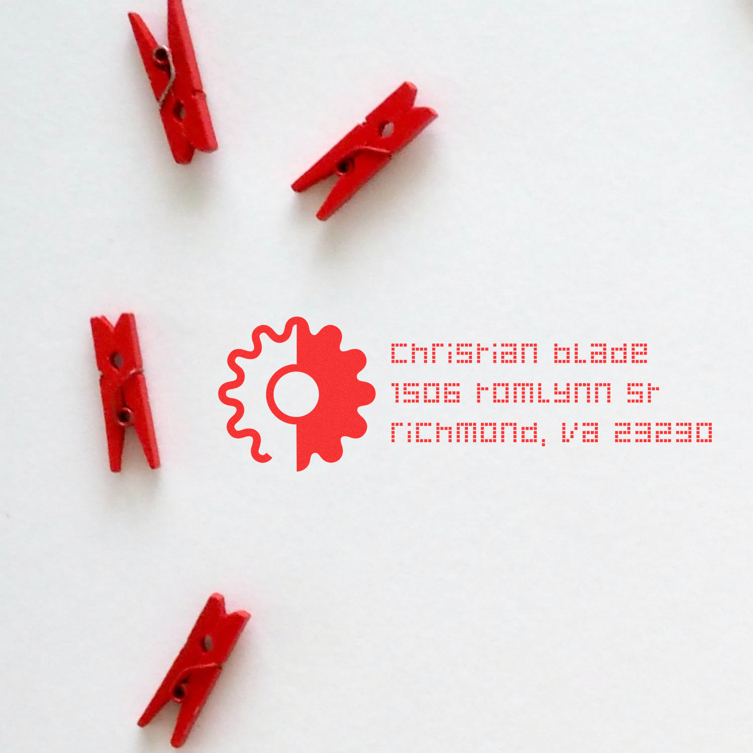 Custom rubber stamp design with red mini clothespins and logo on white background for crafting and packaging.