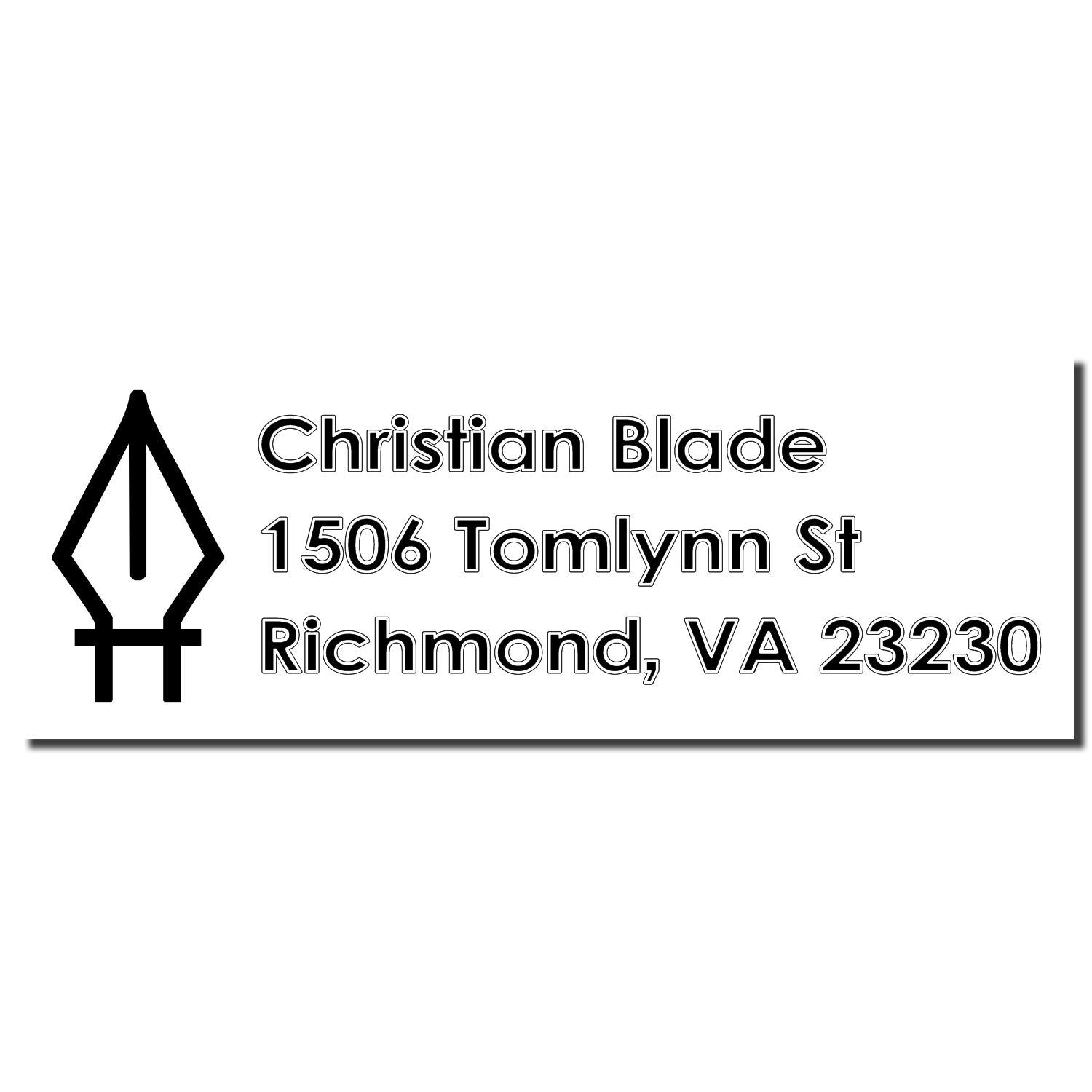 Custom rubber stamp with Christian Blade return address, 1506 Tomlynn St, Richmond, VA 23230, and pen nib logo.