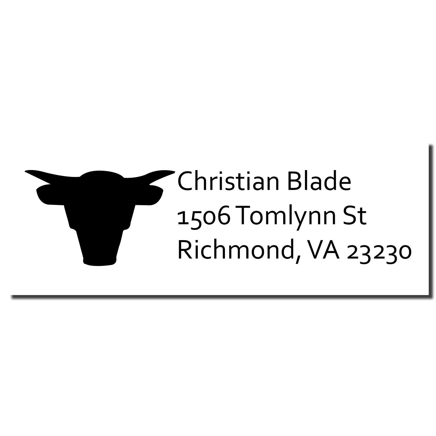 Custom rubber stamp with bull logo and return address for Christian Blade, 1506 Tomlynn St, Richmond, VA 23230.