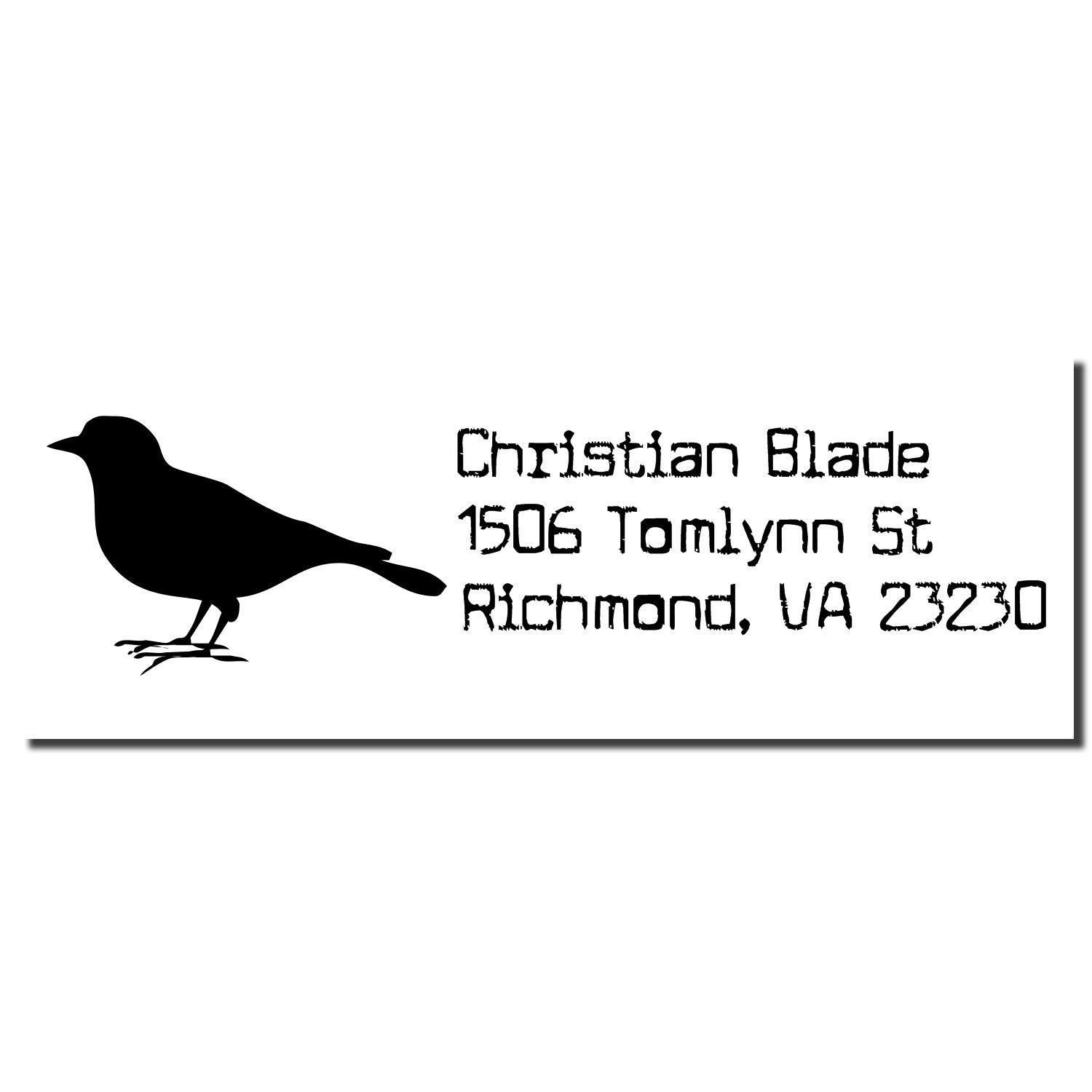 Custom return address rubber stamp with bird silhouette and Christian Blade, 1506 Tomlynn St, Richmond, VA 23230