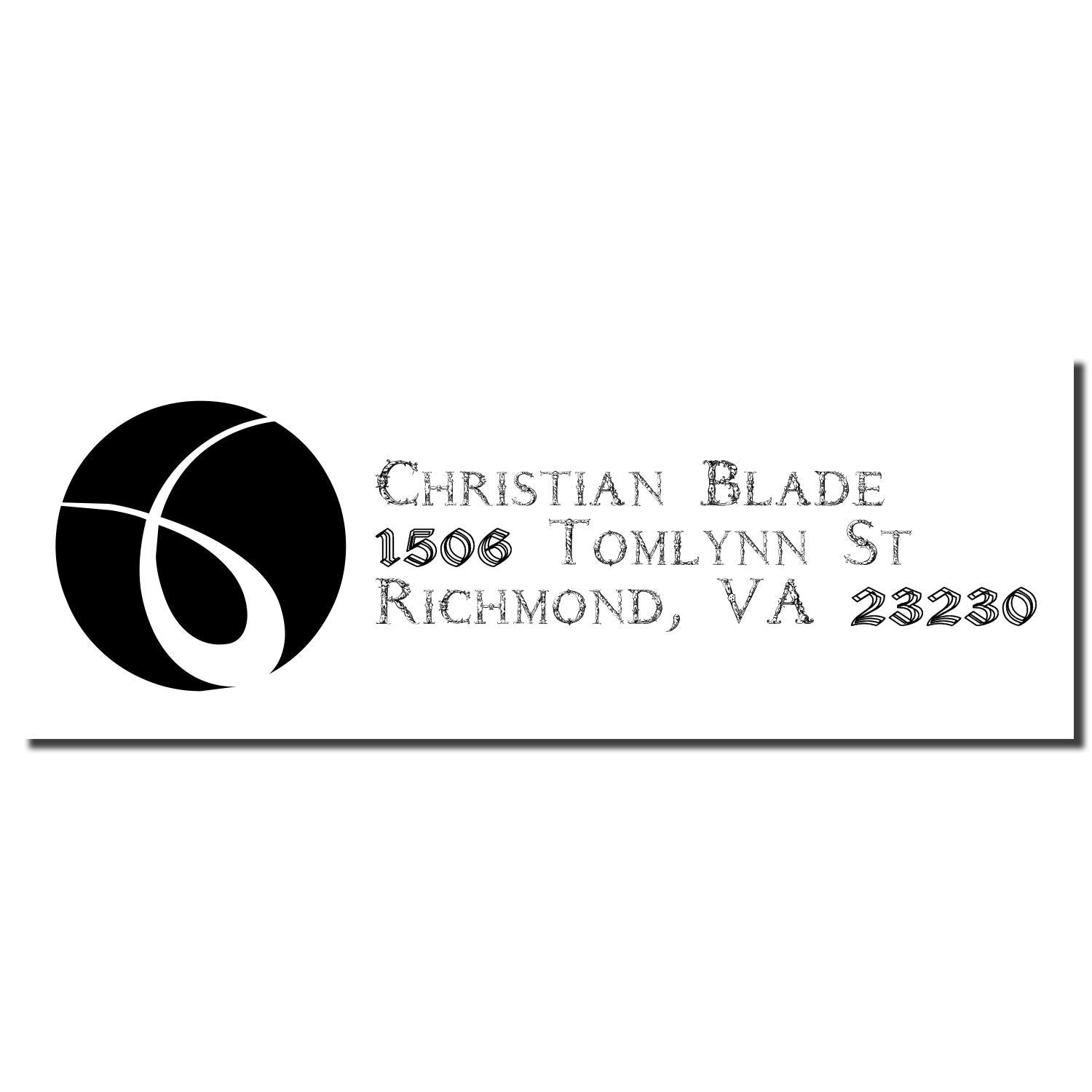 Custom Christian Blade return address rubber stamp with logo, 1506 Tomlynn St, Richmond, VA 23230.